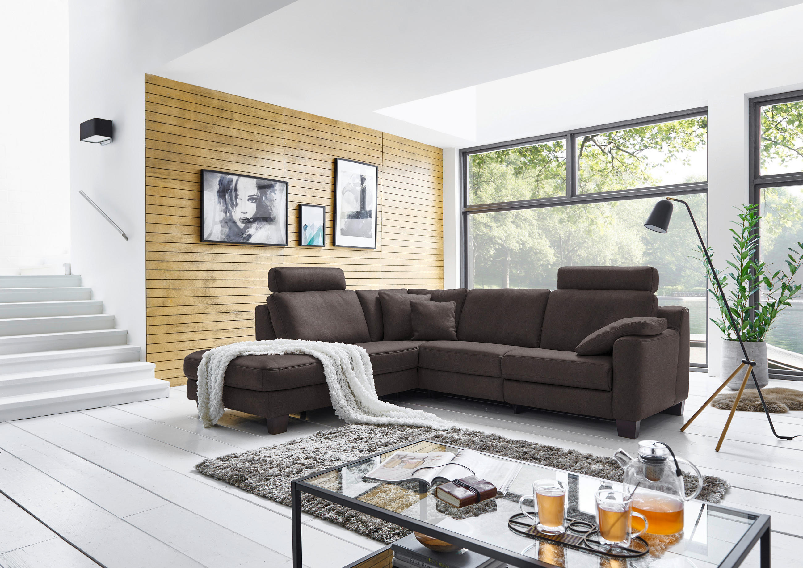 ECKSOFA in Echtleder Mokka  - Eichefarben/Mokka, Design, Leder/Holz (235/259cm) - Valdera