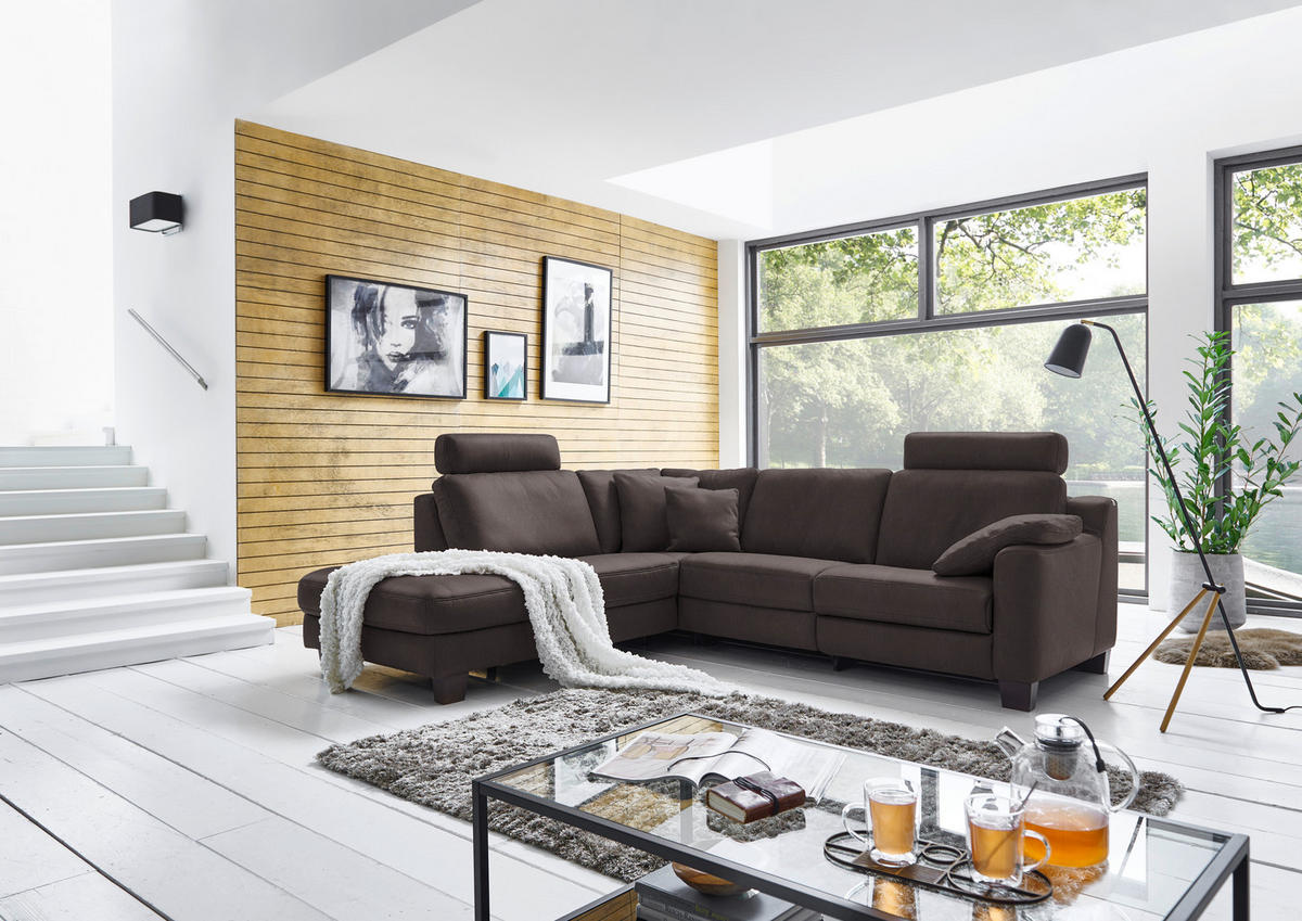 ECKSOFA in Echtleder Mokka  - Eichefarben/Mokka, Design, Leder/Holz (235/259cm) - Valdera