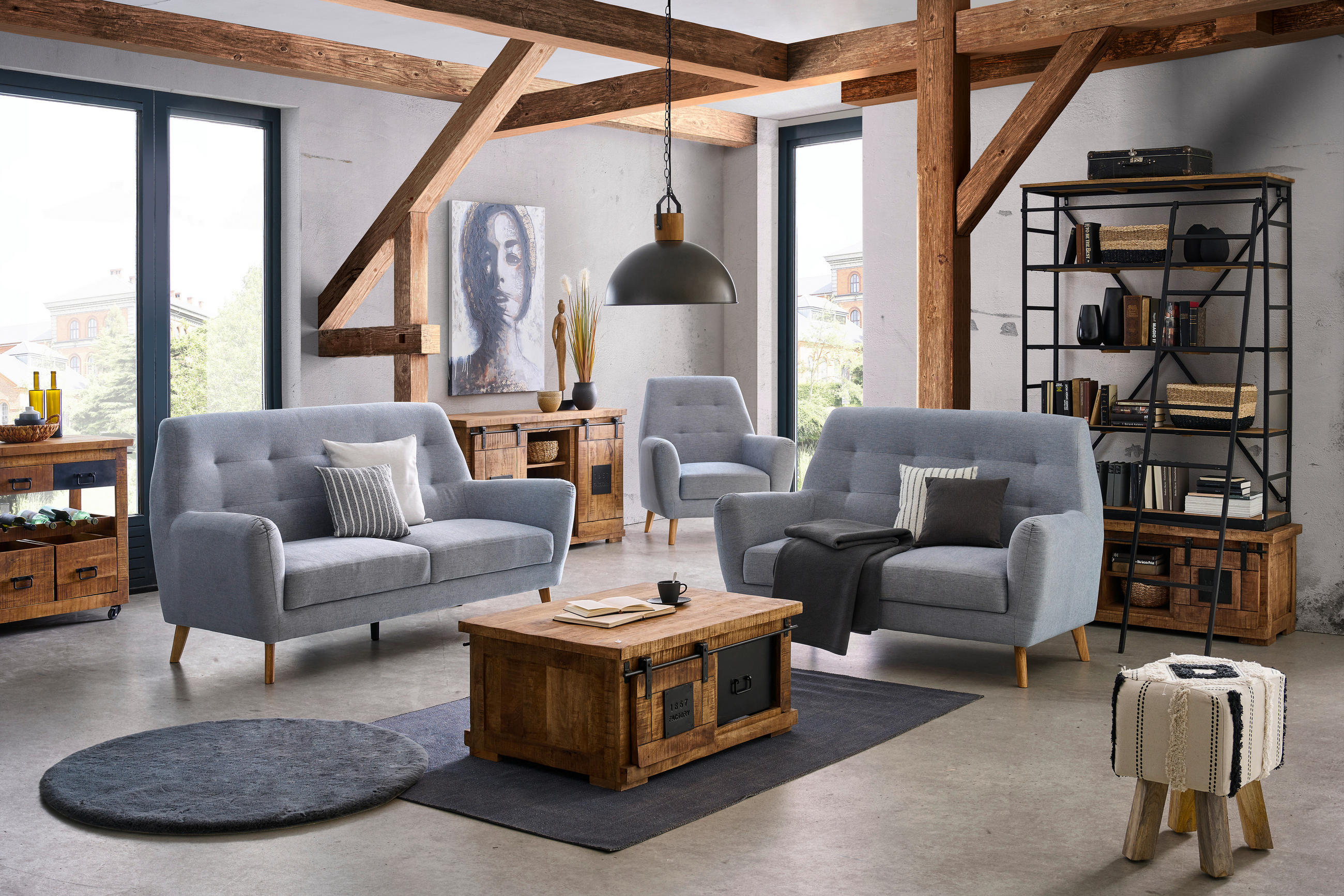 3-SITZER-SOFA Webstoff Blau  - Blau/Eichefarben, Design, Holz/Kunststoff (200/105/84cm) - Carryhome