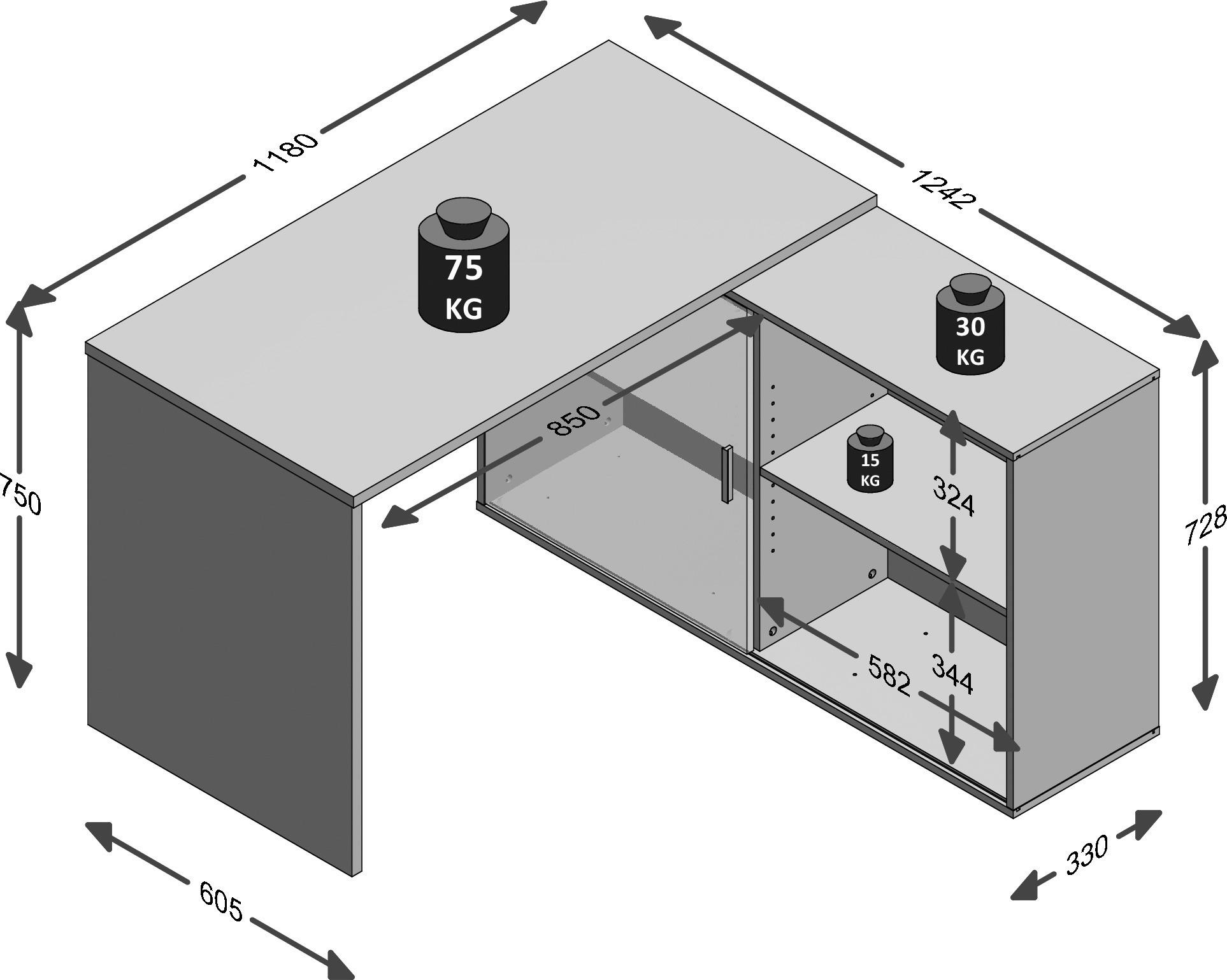 Thumbnail - Mid.you Eckschreibtisch, Dunkelgrau, Eiche Artisan, Holzwerkstoff, 124x75x119 cm, Pefc, Made in Germany, Stauraum, Arbei...