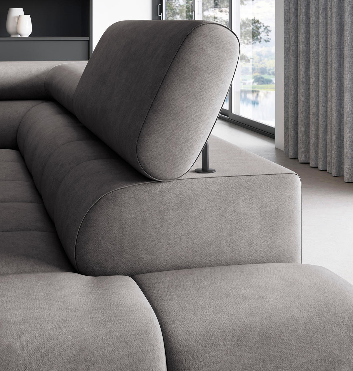 ECKSOFA FERUCCE Grau Chenille Bettkasten, Kopfteilverstellung  - Schwarz/Grau, Design, Textil/Metall (276/200cm) - MID.YOU