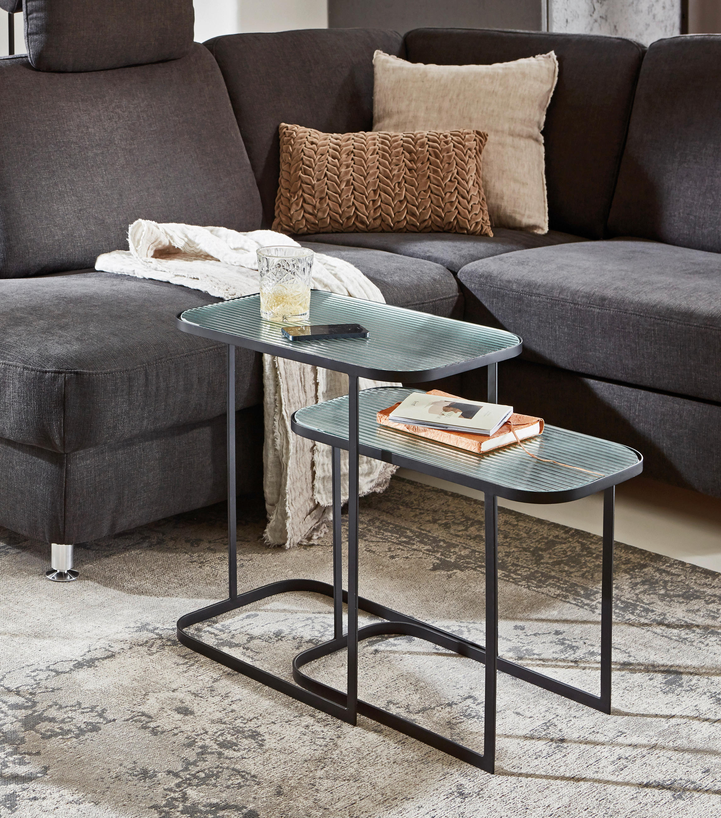 BEISTELLTISCHSET rechteckig Schwarz  - Schwarz, Design, Glas/Metall (48-49/27-32/39-51cm)