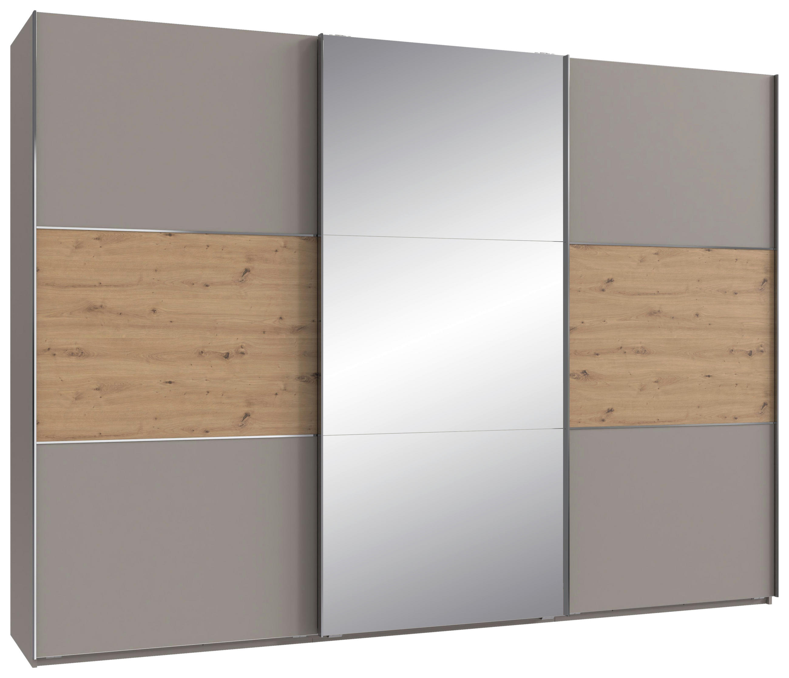 SCHWEBETÜRENSCHRANK 300/216/65 cm 3-türig Grau, Edelstahlfarben, Eiche Artisan  - Edelstahlfarben/Eiche Artisan, KONVENTIONELL, Glas/Holzwerkstoff (300/216/65cm) - Stylife