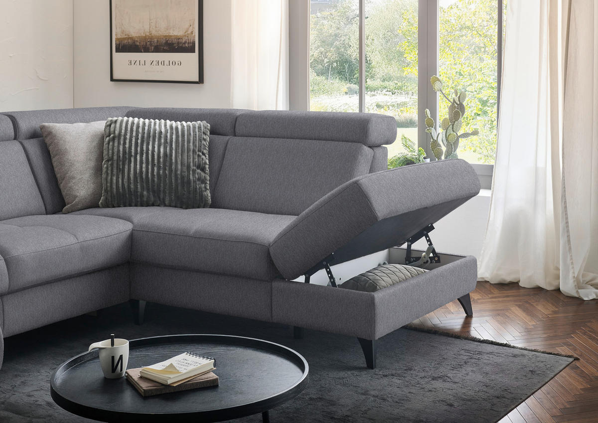 WOHNLANDSCHAFT Flachgewebe Grau  - Schwarz/Grau, Konventionell, Textil/Metall (174/333/215cm) - Beldomo System