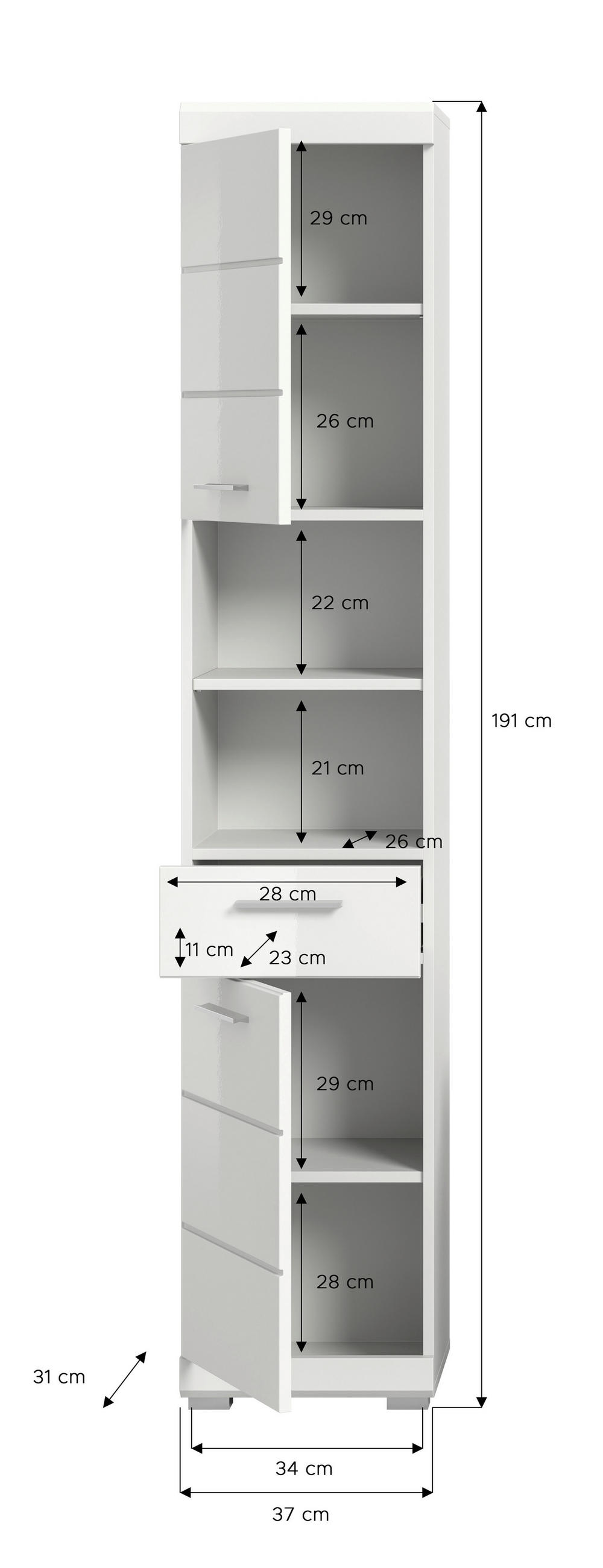 VISOKA OMARA 37/191/31 cm  - srebrne barve/bela, Moderno, umetna masa/leseni material (37/191/31cm) - MID.YOU