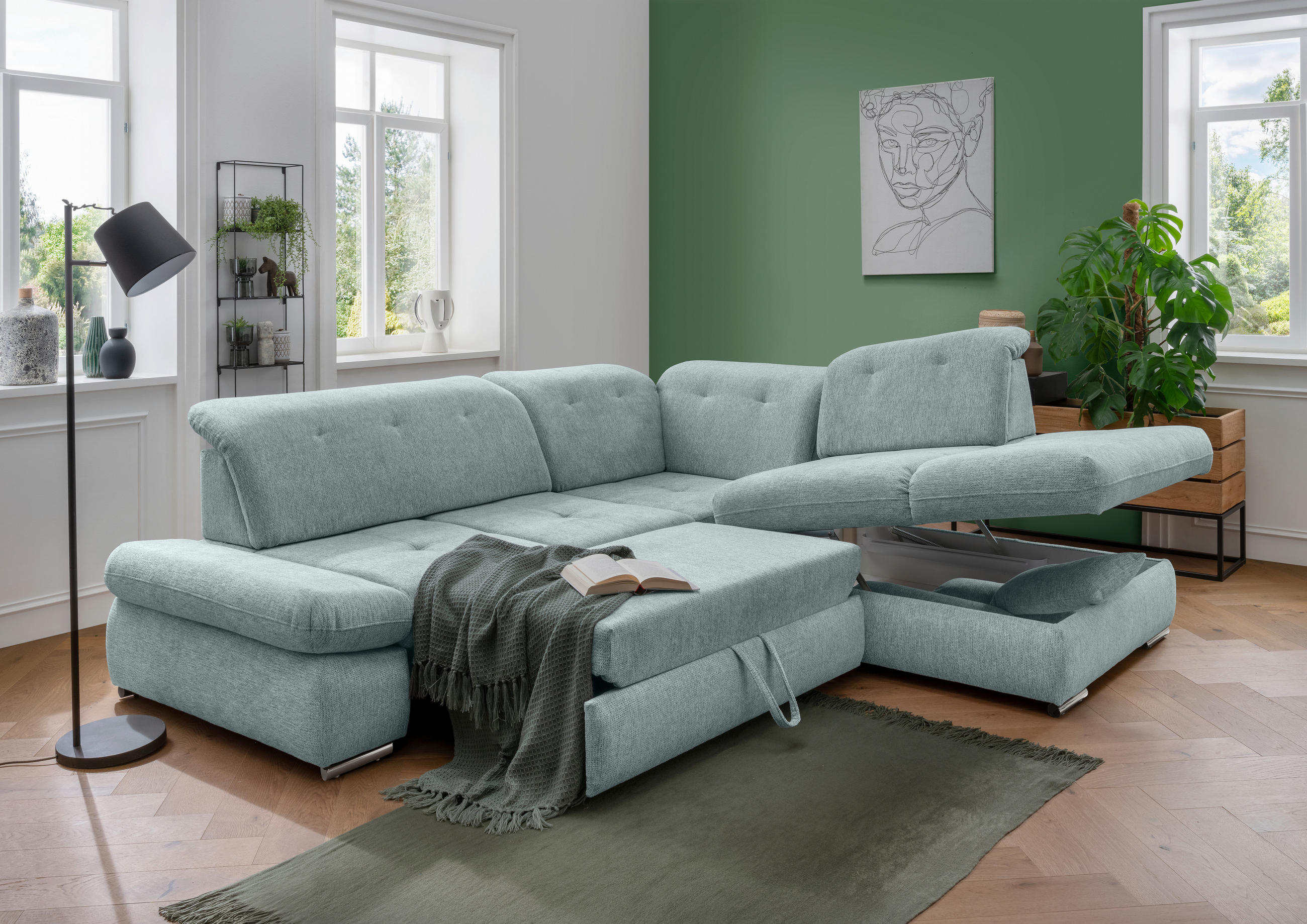 ECKSOFA in Chenille Mintgrün  - Chromfarben/Mintgrün, Design, Textil/Metall (280/254cm) - Livetastic