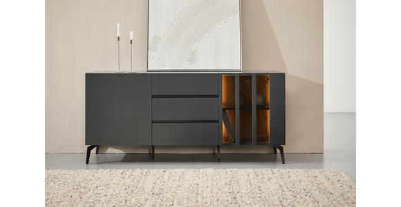 SIDEBOARD  in 166/76,3/41,5 cm  - Schwarz/Grau, Design, Glas/Holzwerkstoff (166/76,3/41,5cm) - Novel