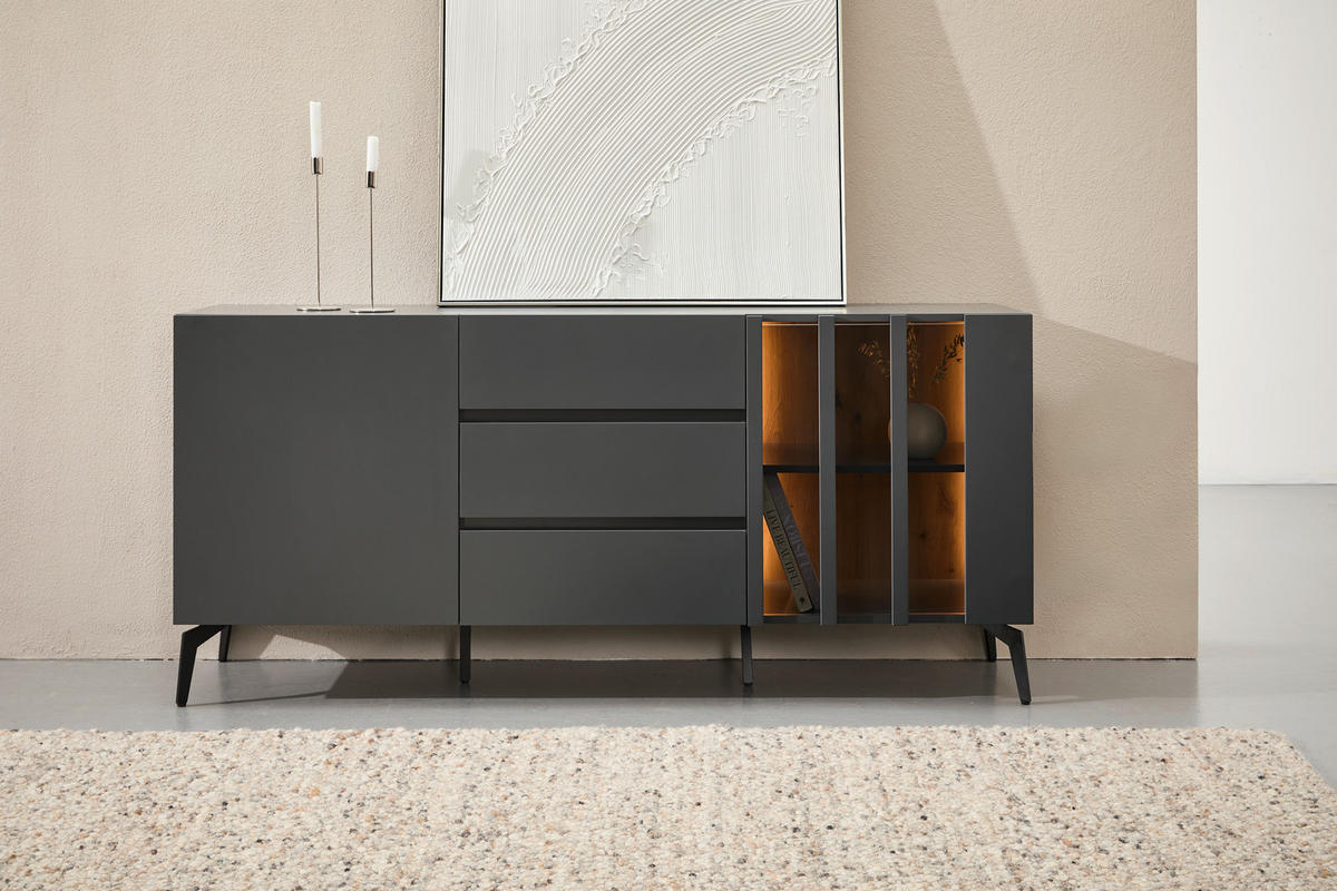 SIDEBOARD  in 166/76,3/41,5 cm  - Schwarz/Grau, Design, Glas/Holzwerkstoff (166/76,3/41,5cm) - Novel
