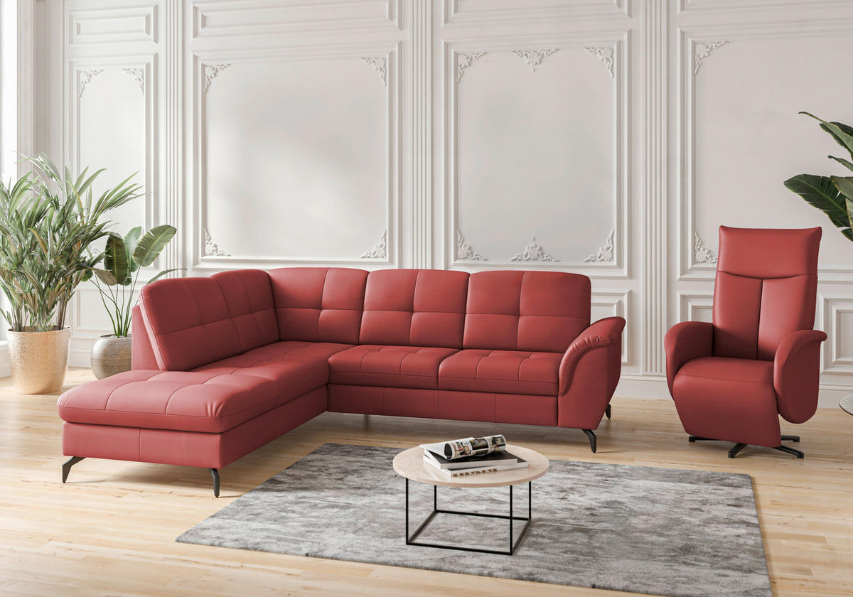 ECKSOFA in Vliesstoff Kombination Echtleder/Stoff Rot  212/244 cm  - Rot/Schwarz, MODERN, Leder/Textil (212/244cm) - Sit & More