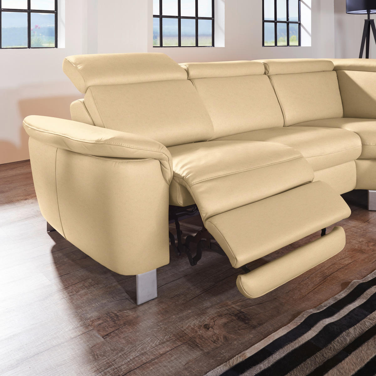 ECKSOFA in Echtleder Beige  - Beige/Alufarben, Design, Leder/Metall (271/239cm) - Cantus