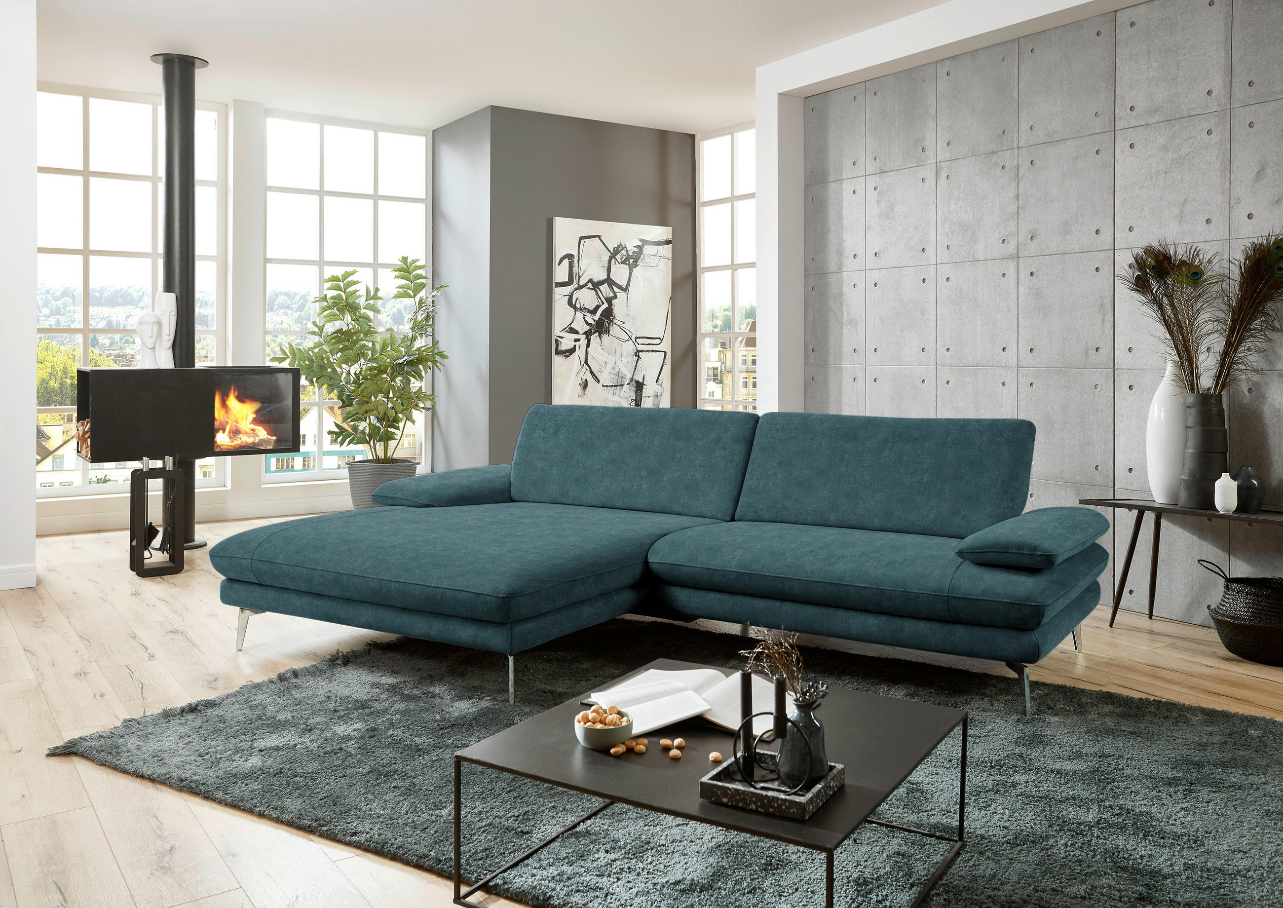 ECKSOFA in Velours Petrol  - Petrol/Schwarz, Design, Textil/Metall (184/284cm) - Dieter Knoll