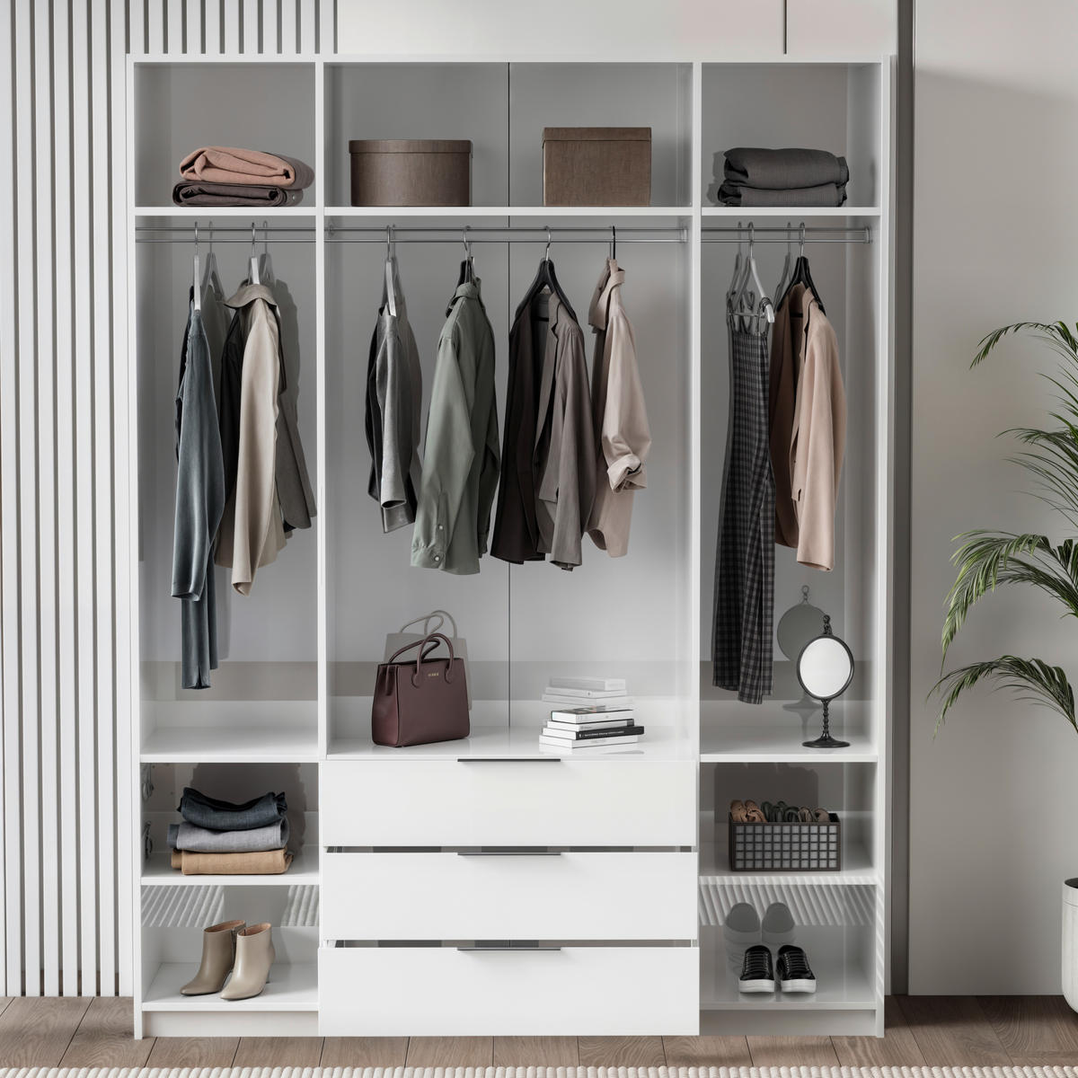 KLEIDERSCHRANK 168/220/60 cm 4-türig Weiß, Weiß Hochglanz  - Chromfarben/Weiß Hochglanz, KONVENTIONELL, Glas/Holzwerkstoff (168/220/60cm) - Boxxx