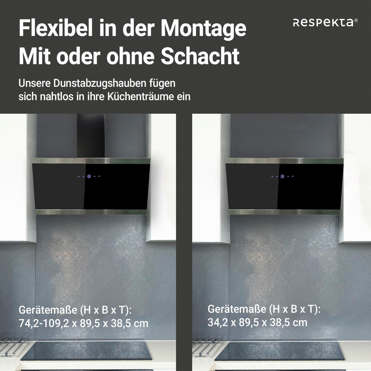 DUNSTABZUGSHAUBE CH89090S  - Schwarz, Trend, Glas/Metall (89,5/74,2-109,2/38,5cm) - Respekta
