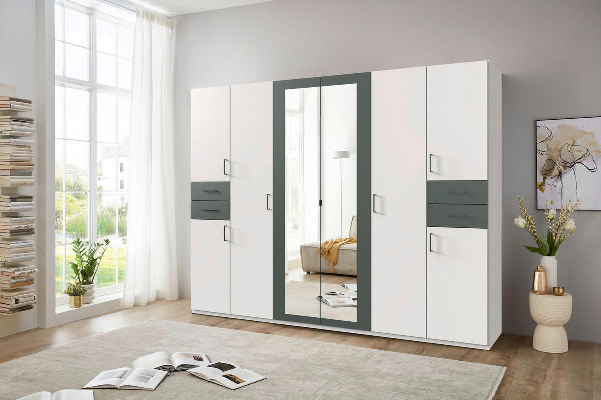 DREHTÜRENSCHRANK  in Graphitfarben, Weiß  - Schwarz/Graphitfarben, Basics, Glas/Holzwerkstoff (270/208/58cm) - P & B