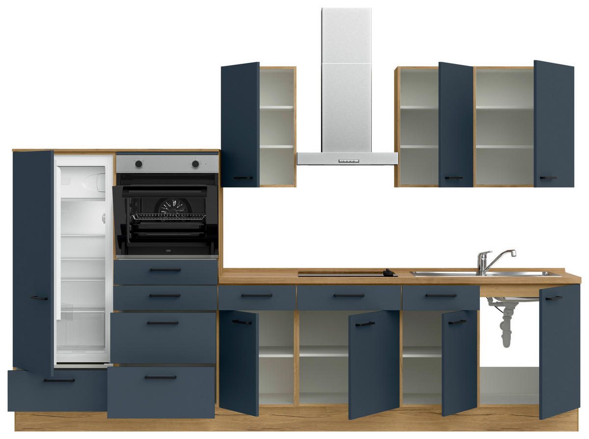 KÜCHENBLOCK Easytouch 330 cm  in Blau, Eichefarben  - Blau/Eichefarben, MODERN, Holzwerkstoff/Metall (330cm) - Nobilia