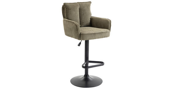 BARHOCKER Cord Olivgrün Eisen Stoffauswahl, Sitzfläche 360° drehbar, inklusive Armlehnen  - Schwarz/Olivgrün, Design, Textil/Metall (54/101-122/58cm) - Novel