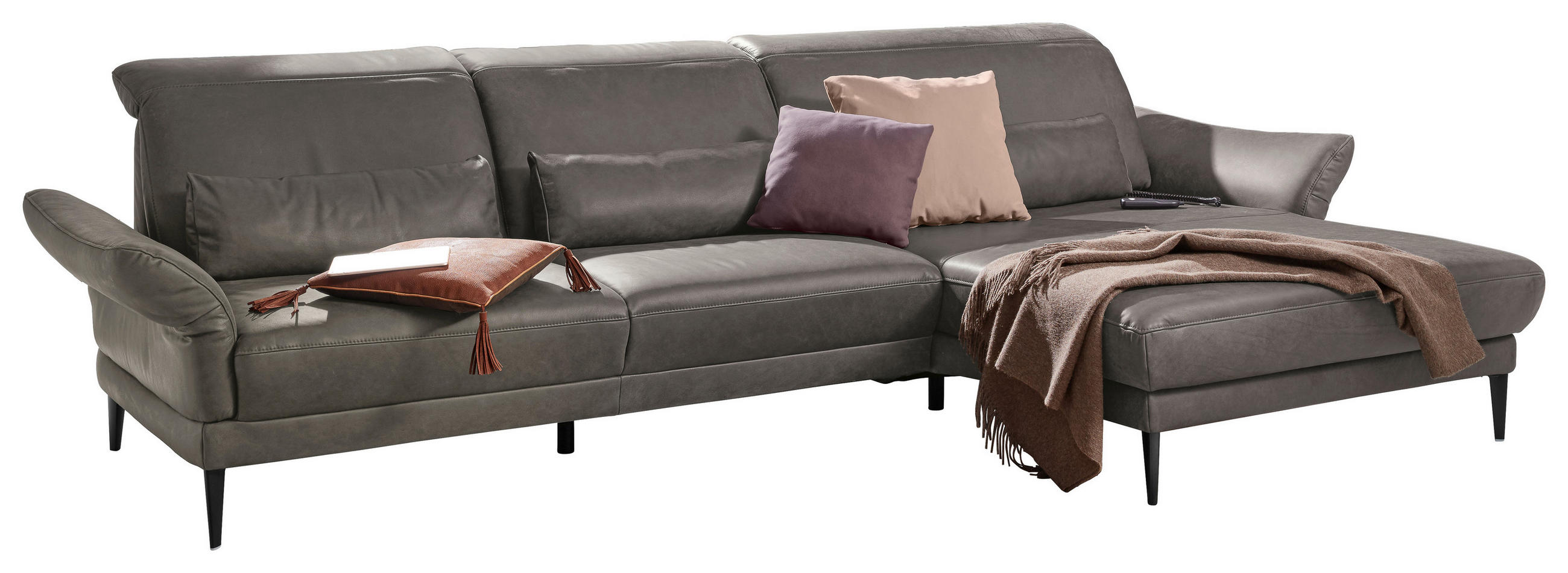 ECKSOFA Dunkelgrau Echtleder - Dunkelgrau/Schwarz, Design, Leder/Metall (312/193cm) - Musterring