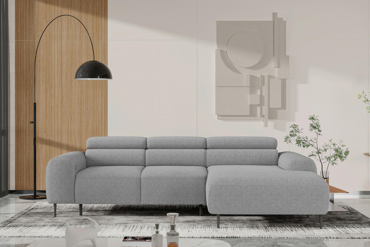ECKSOFA Hellgrau Struktur Rücken echt, Kopfteilverstellung, Sitztiefenverstellung  - Hellgrau/Schwarz, MODERN, Textil/Metall (274/179cm) - Welnova