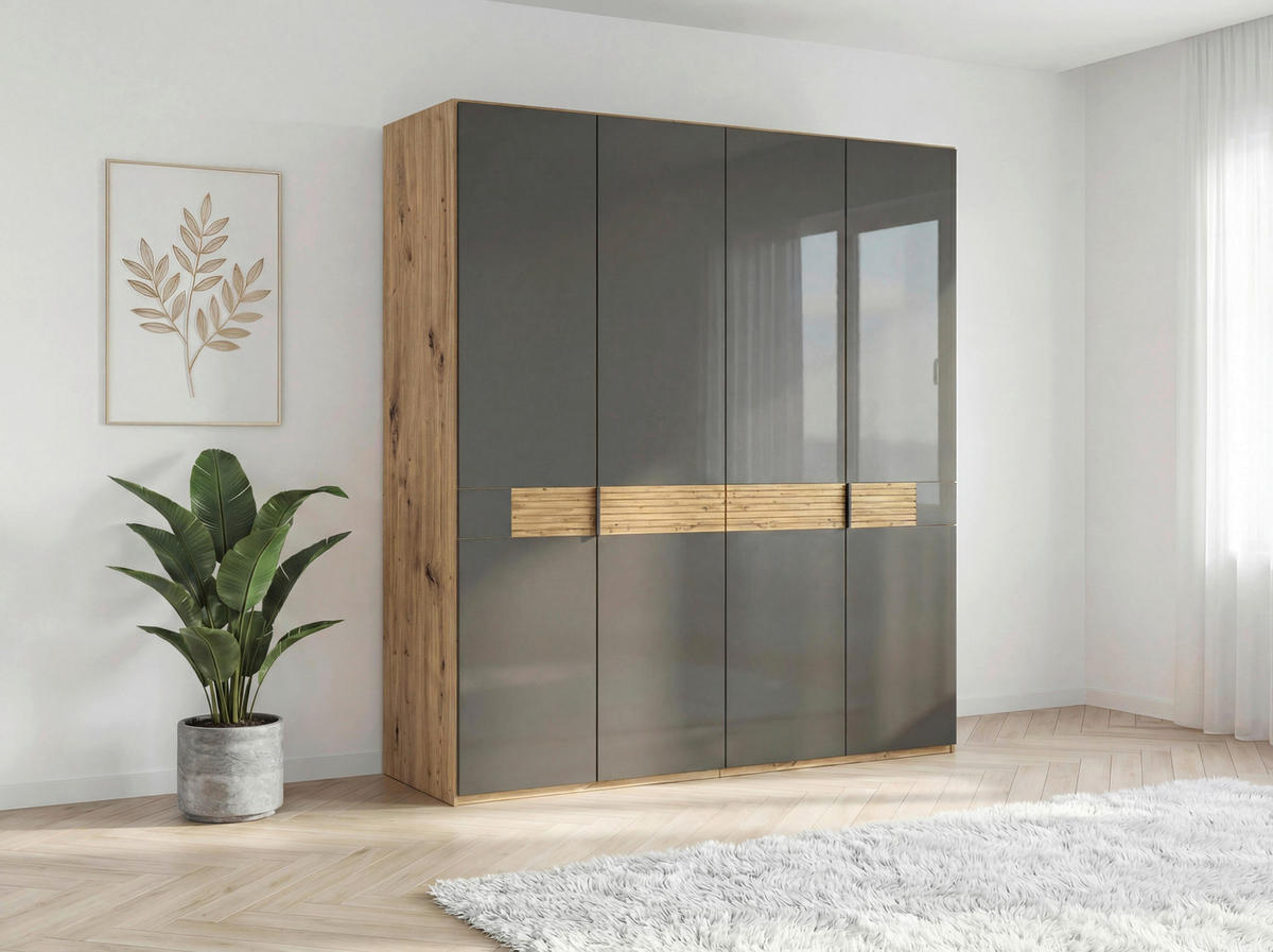 DREHTÜRENSCHRANK 200/216/58 cm,  in Braun, Eiche Bianco, 4 Tür(en)  - Schieferfarben/Eiche Bianco, Design, Glas/Holz (200/216/58cm) - Musterring
