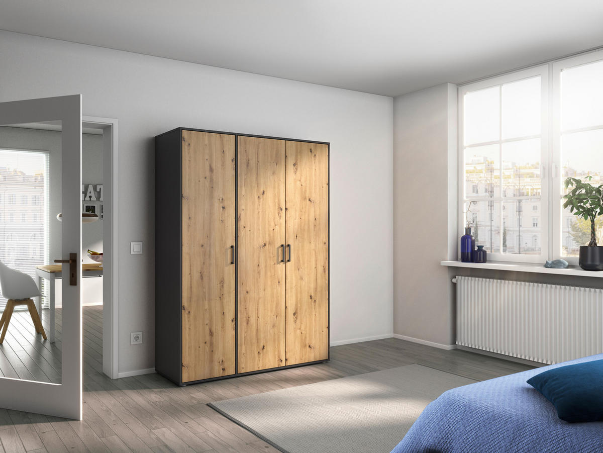 DREHTÜRENSCHRANK in Grau, Eiche Artisan  - Eiche Artisan/Grau, Modern, Holzwerkstoff/Kunststoff (140/194/53cm) - Rauch Möbel