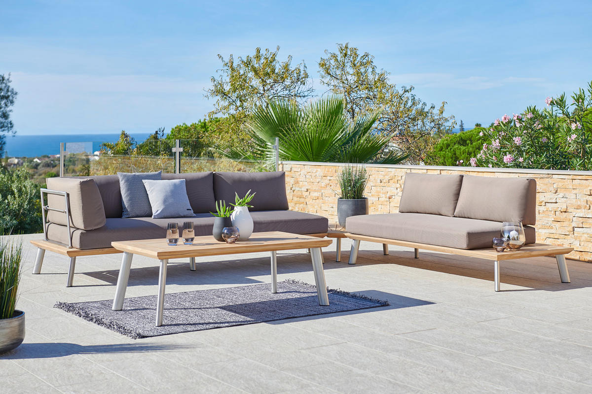 LOUNGETISCH 127/80/25 cm Holz, Metall Edelstahlfarben, Teakfarben  - Edelstahlfarben/Teakfarben, MODERN, Holz/Metall (127/80/25cm) - Amatio