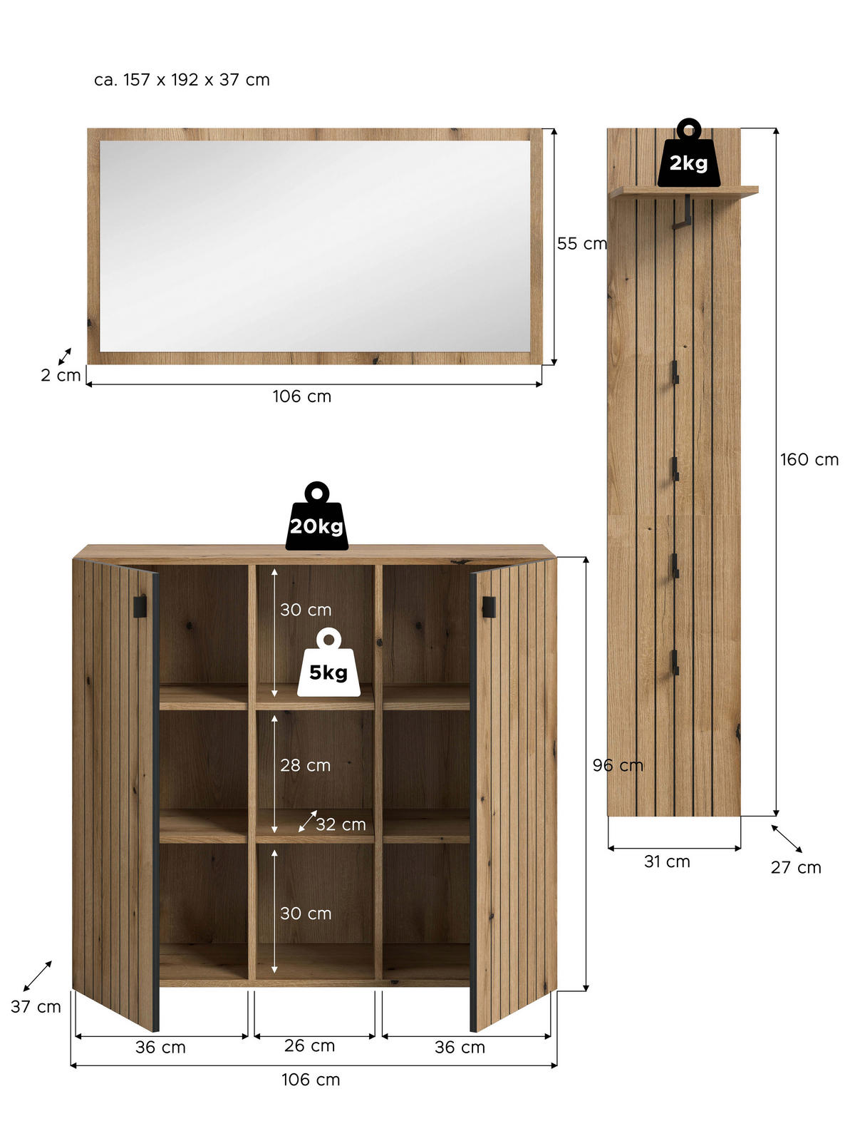 GARDEROBE 3-teilig  in 157/192/37 cm  - Eichefarben, Design, Holzwerkstoff (157/192/37cm) - MID.YOU