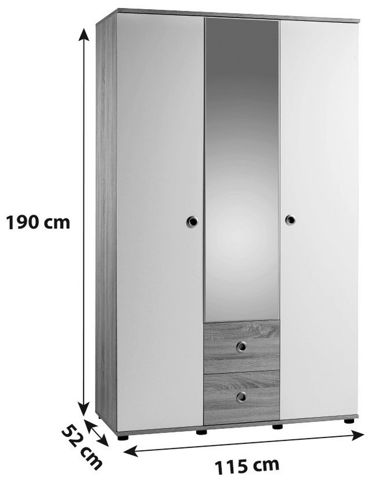 DREHTÜRENSCHRANK 3-türig Weiß, Sonoma Eiche  - Alufarben/Weiß, KONVENTIONELL, Glas/Holzwerkstoff (115/190/52cm) - MID.YOU