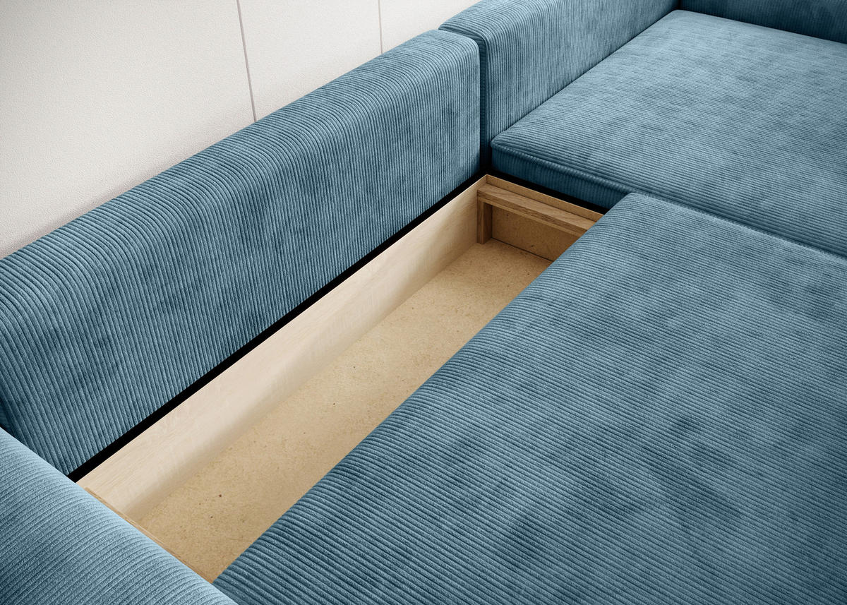 ECKSCHLAFSOFA CHALLANGE  mit Schlafen auf Sitzhöhe, Rücken echt, Armteil links, Armteil rechts Cord Blaugrau  - Blaugrau/Schwarz, MODERN, Kunststoff/Textil (246/168cm) - Trendmanufaktur