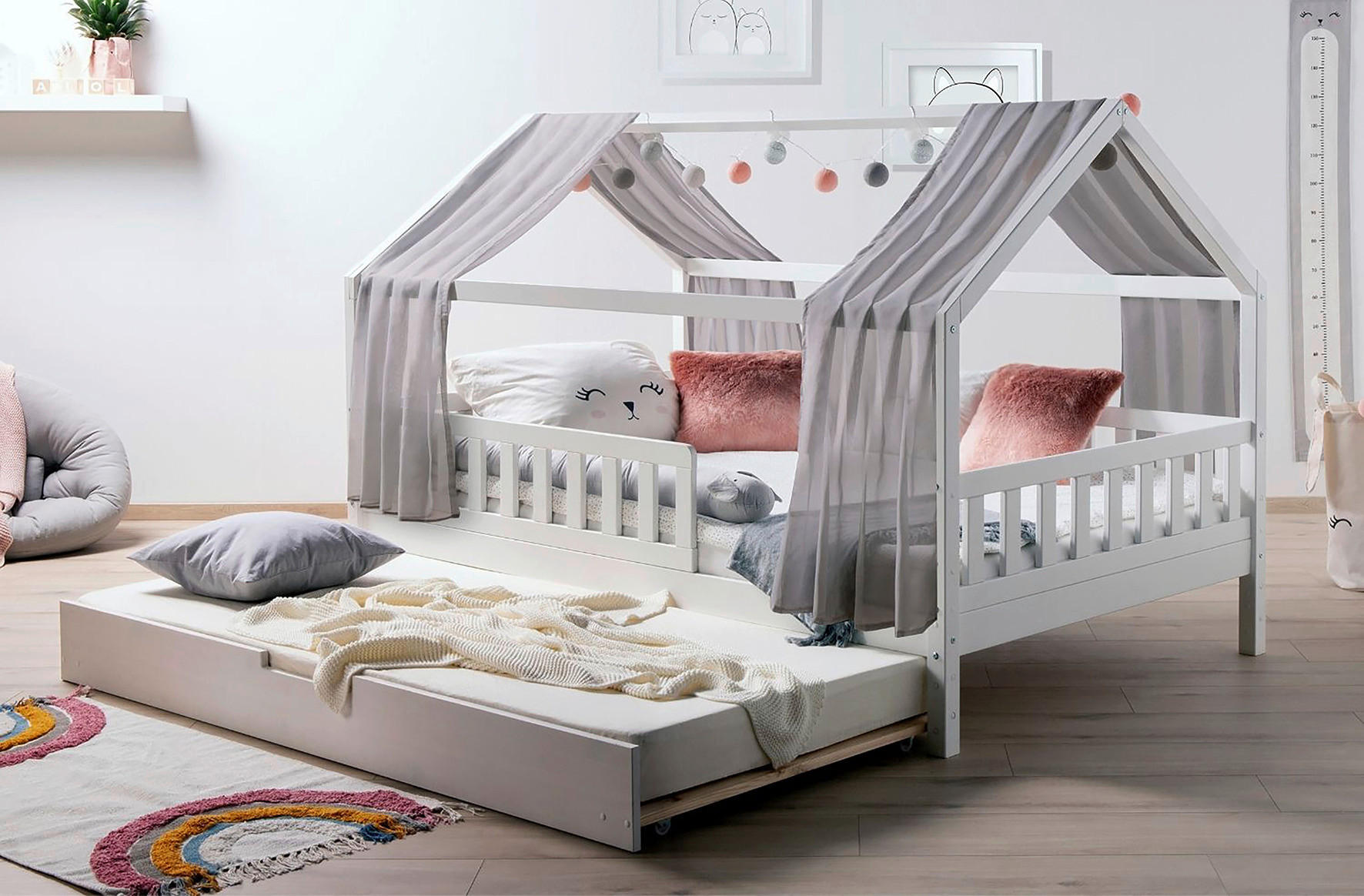 HAUSBETT 100/200 cm,  in Grau, Weiß  - Naturfarben/Weiß, MODERN, Holz/Textil (100/200cm) - MID.YOU