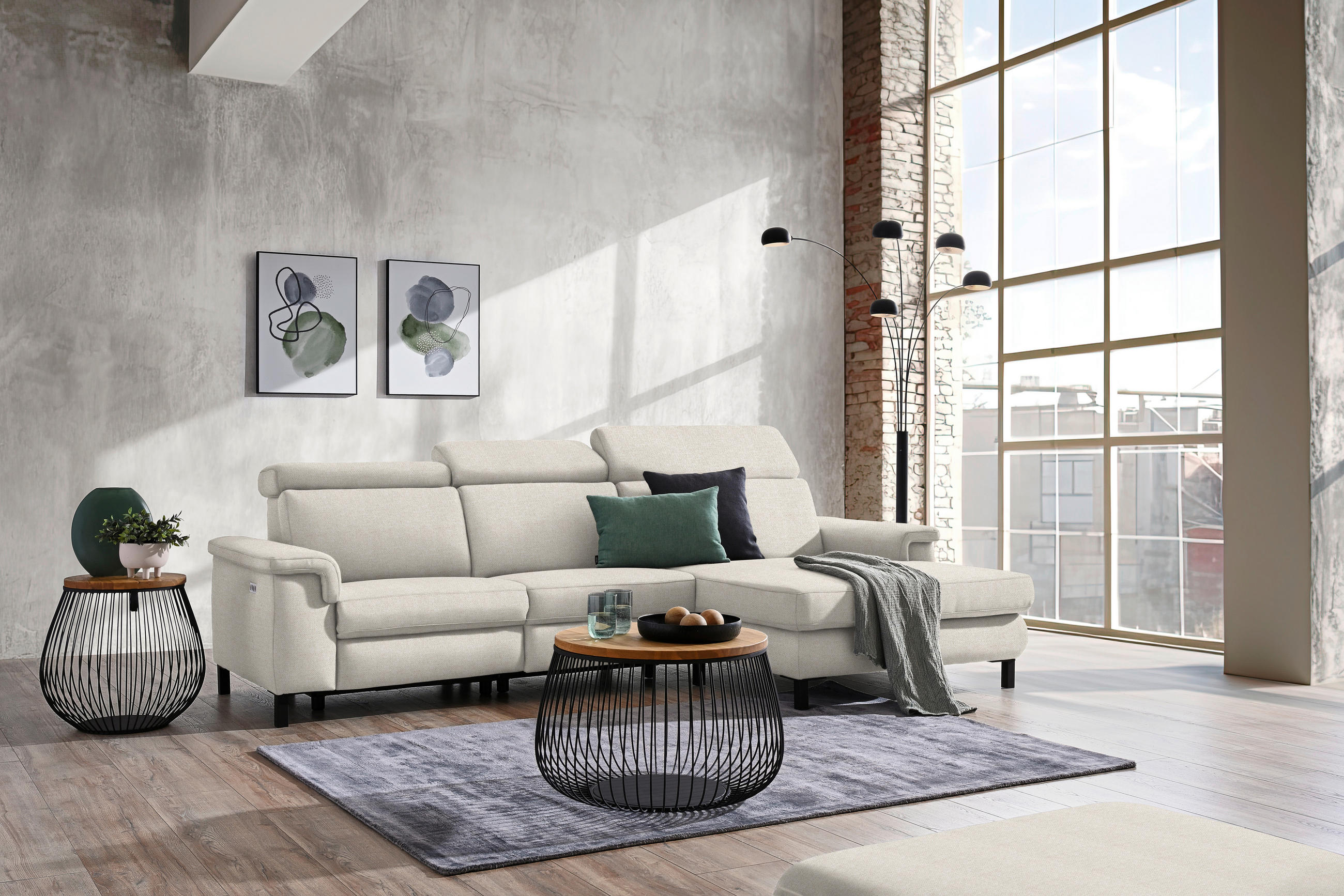 ECKSOFA in Flachgewebe Beige  - Beige/Schwarz, Konventionell, Textil/Metall (304/182cm) - Pure Home Comfort