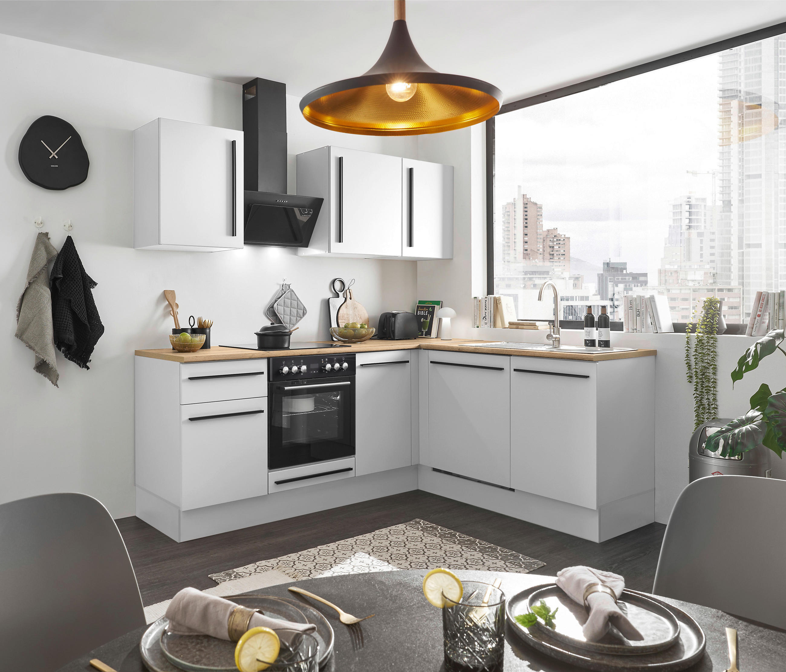 ECKKÜCHE 220/175 cm  in Weiß, Eichefarben  - Eichefarben/Schwarz, Design, Holzwerkstoff/Kunststoff (220/175cm) - MID.YOU