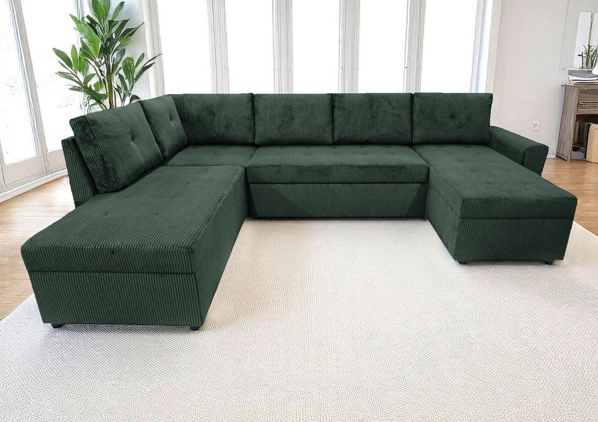 WOHNLANDSCHAFT TERMOLI Dunkelgrün Cord  - Dunkelgrün/Schwarz, Design, Kunststoff/Textil (212/297/155cm) - MID.YOU