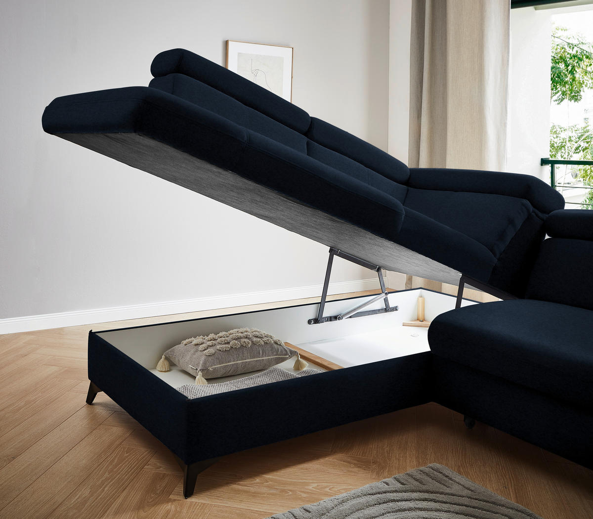 ECKSOFA in Mikrofaser Dunkelblau  - Schwarz/Dunkelblau, Design, Textil/Metall (203/260cm) - Stylife