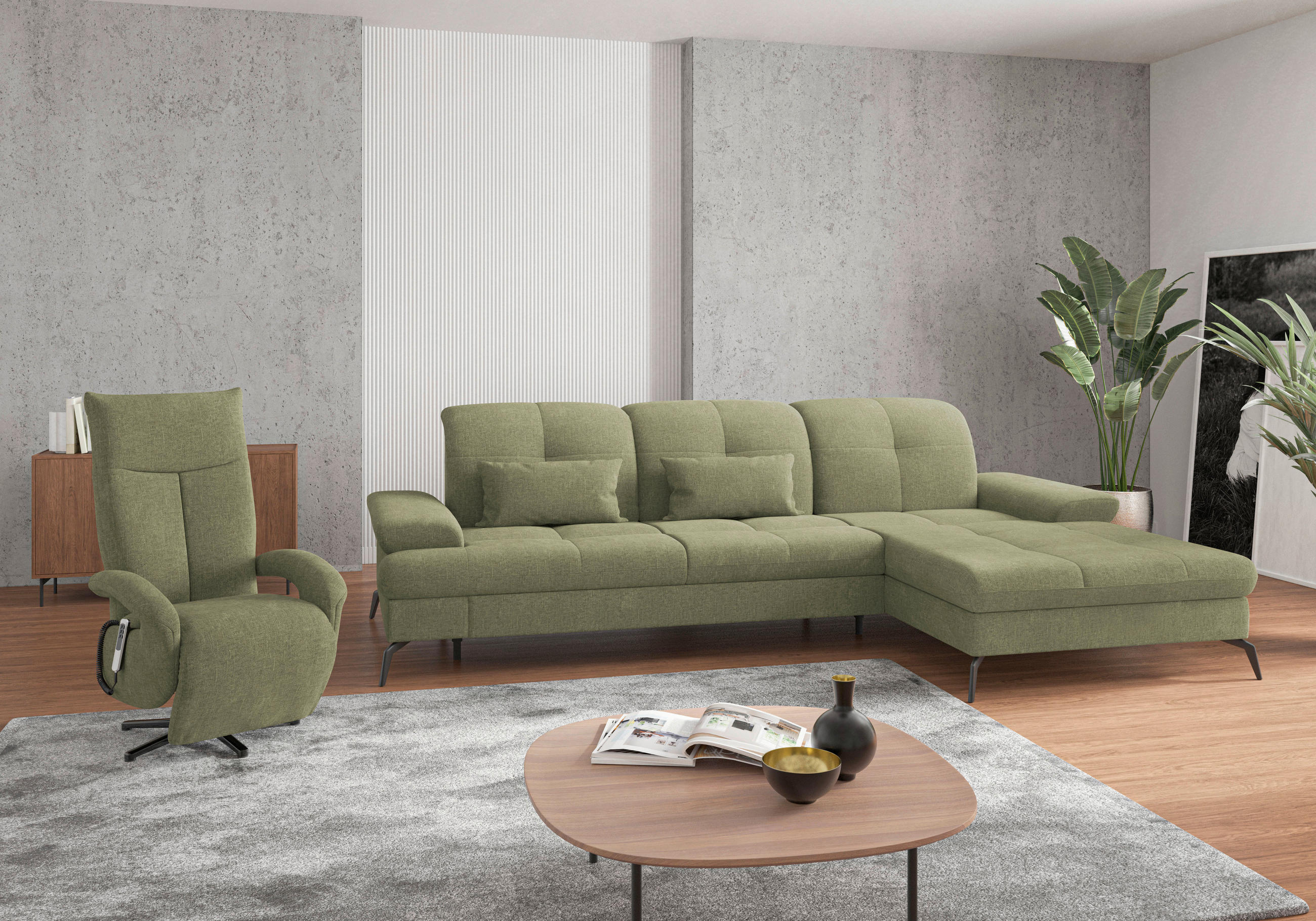 ECKSOFA Hellgrün Flachgewebe  - Schwarz/Hellgrün, KONVENTIONELL, Textil/Metall (279/185cm) - Sit & More