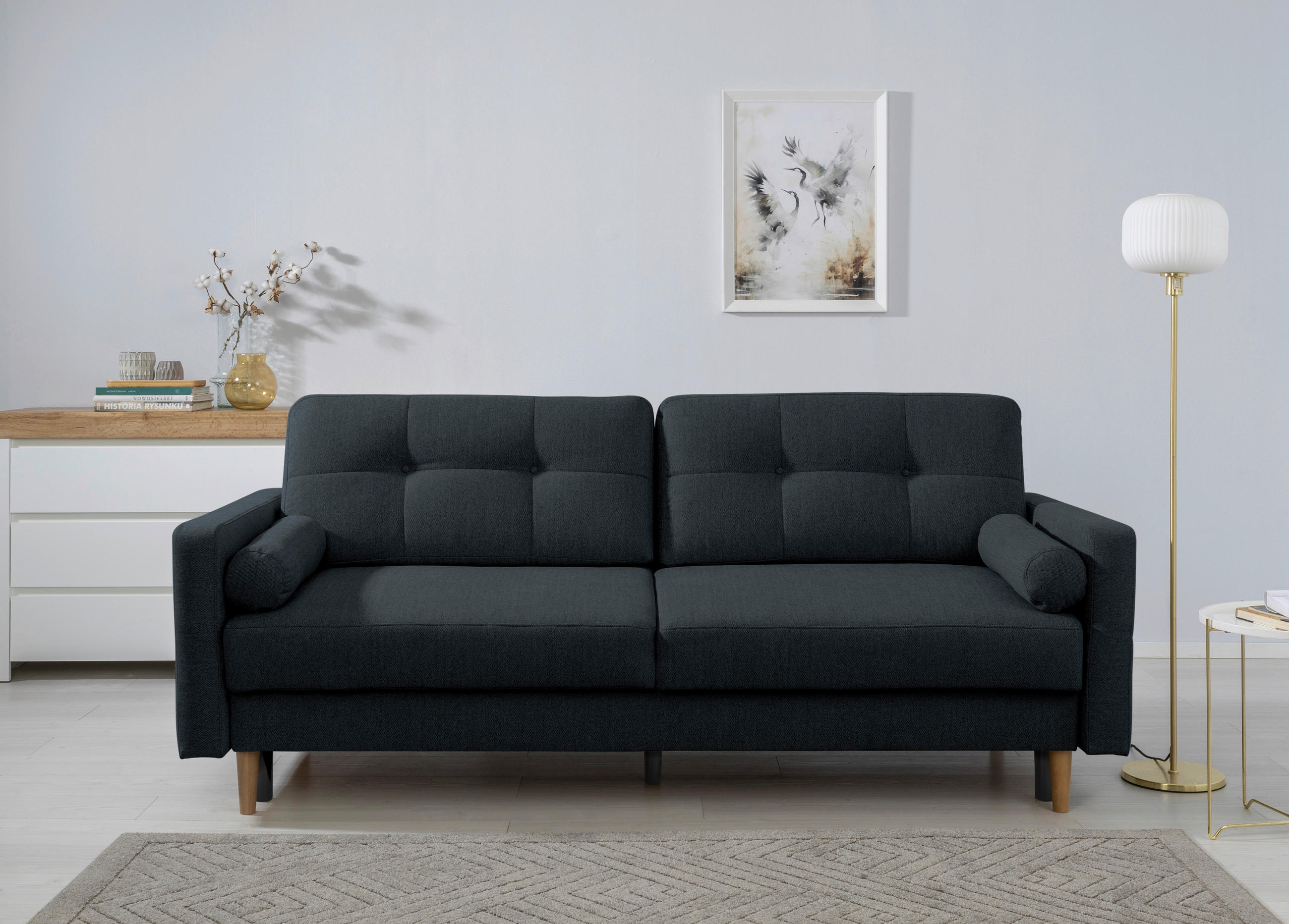 SCHLAFSOFA Noret Dunkelblau  inkl. Rückenkissen, Armlehnenkissen, Bettkasten, Schlaffunktion  - Buchefarben/Dunkelblau, Design, Holz/Textil (222/93/99cm) - MID.YOU