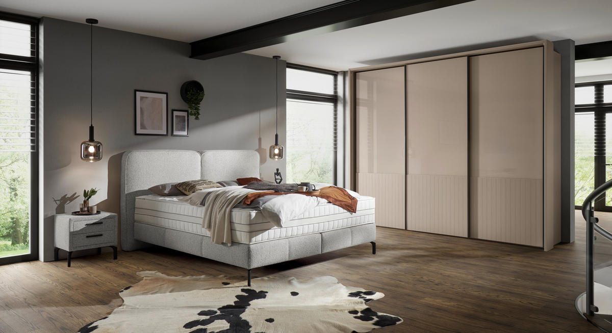 BOXSPRINGBETT 180/200 cm,  in Hellgrau, H2 + H3 = mittel + fest  - Hellgrau/Schwarz, KONVENTIONELL, Textil/Metall (180/200cm) - Voleo