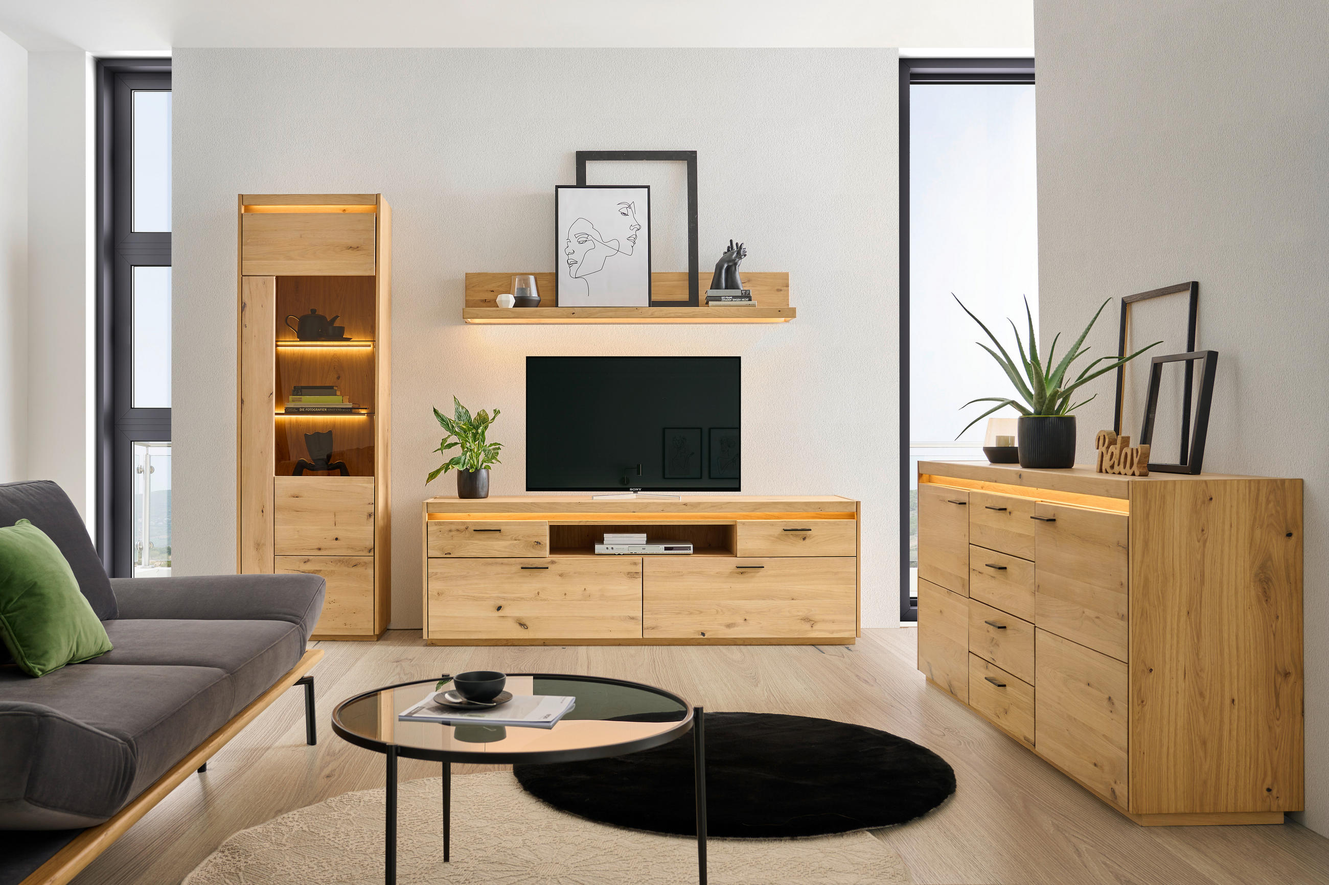 LOWBOARD  in 192,6/63,9/49,8 cm  - Eichefarben/Schwarz, Natur, Glas/Holz (192,6/63,9/49,8cm) - Linea Natura