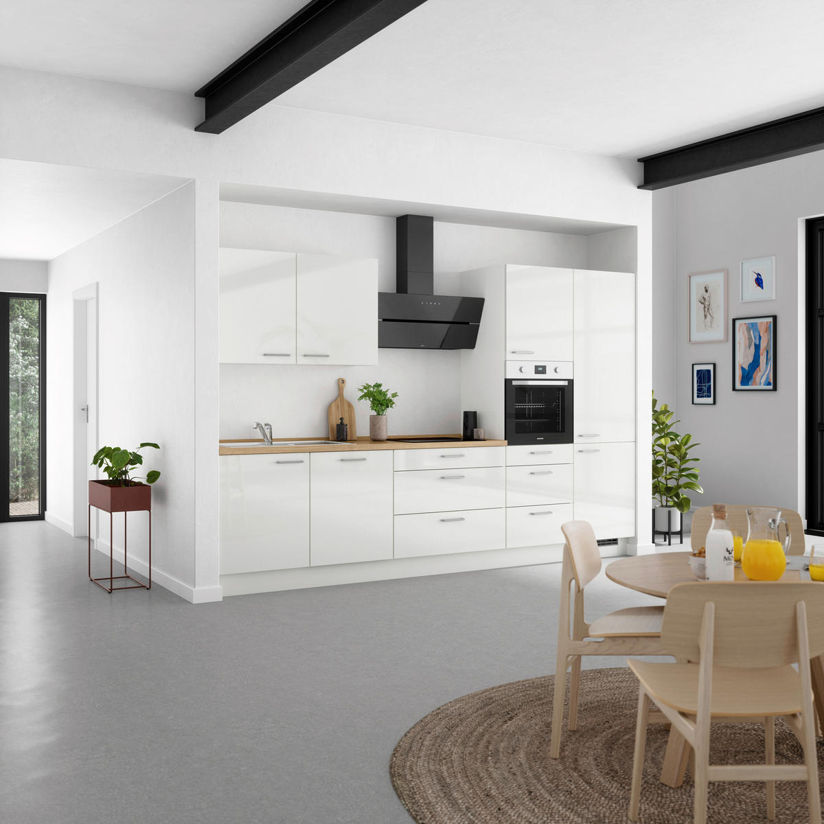 KÜCHENLEERBLOCK 330 cm   in Eichefarben, Weiß Hochglanz  - Edelstahlfarben/Eichefarben, MODERN, Holzwerkstoff/Metall (330cm) - Nobilia