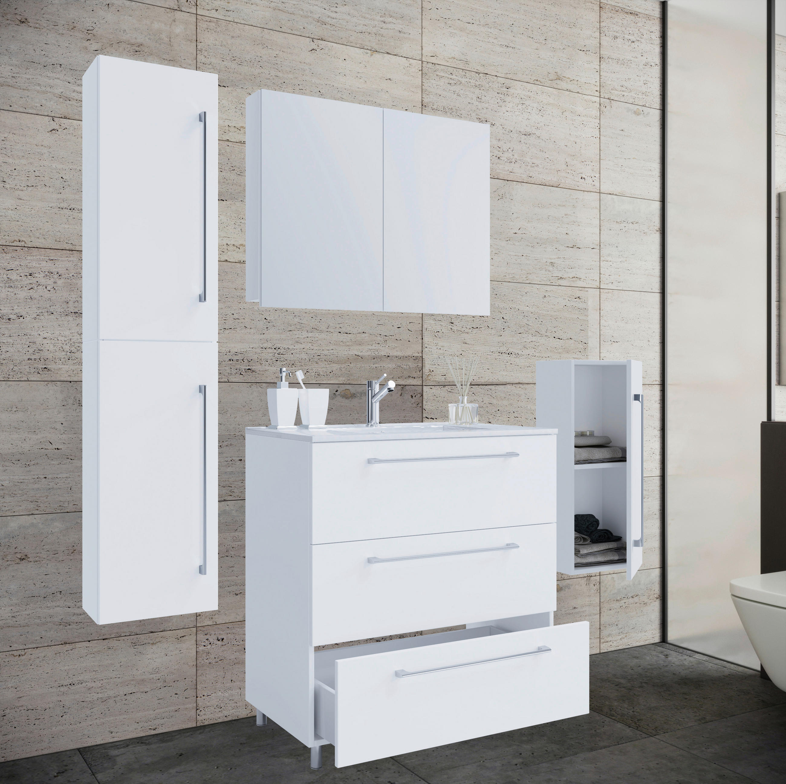 BADEZIMMER 5-teilig in 126 cm - Weiss/Alufarben, Modern, Keramik/Holzwerkstoff (126cm) - MID.YOU