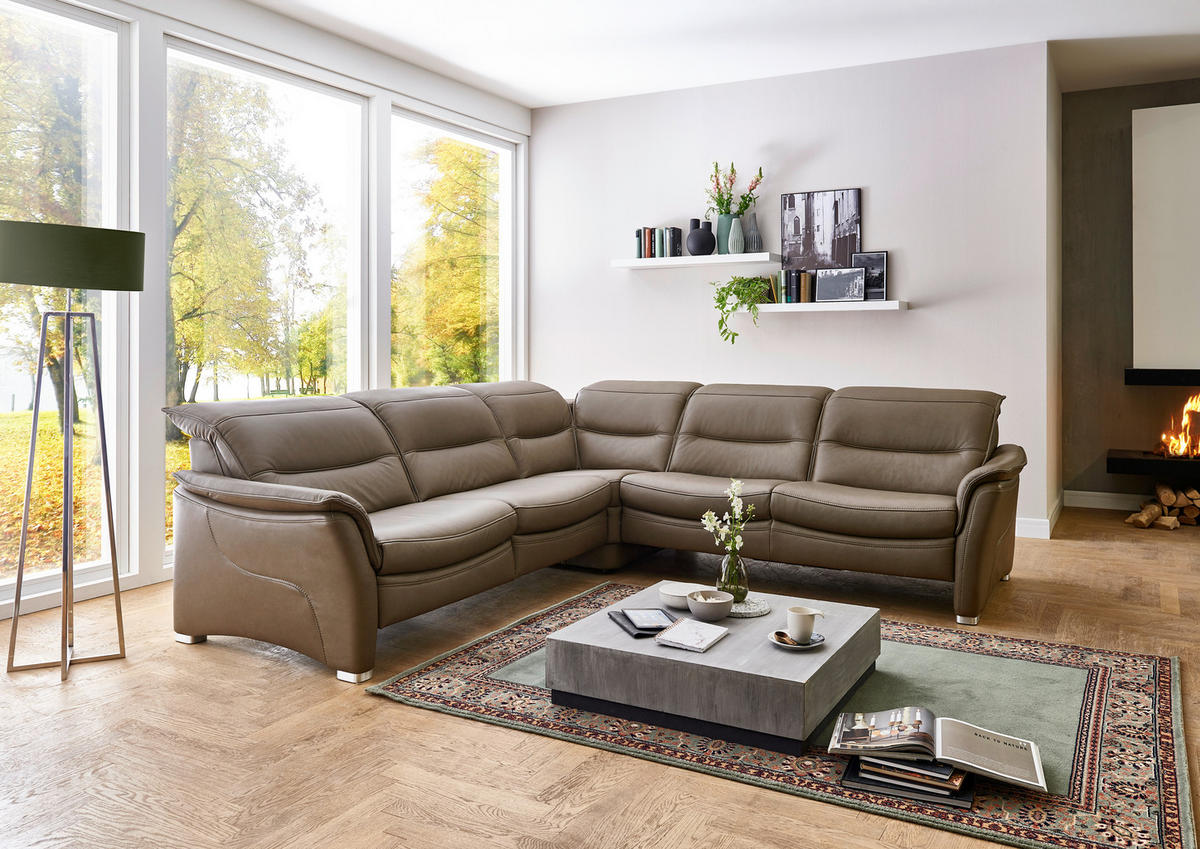 ECKSOFA in Echtleder Dunkelbraun  - Dunkelbraun/Alufarben, Design, Leder/Metall (277/277cm) - Valdera