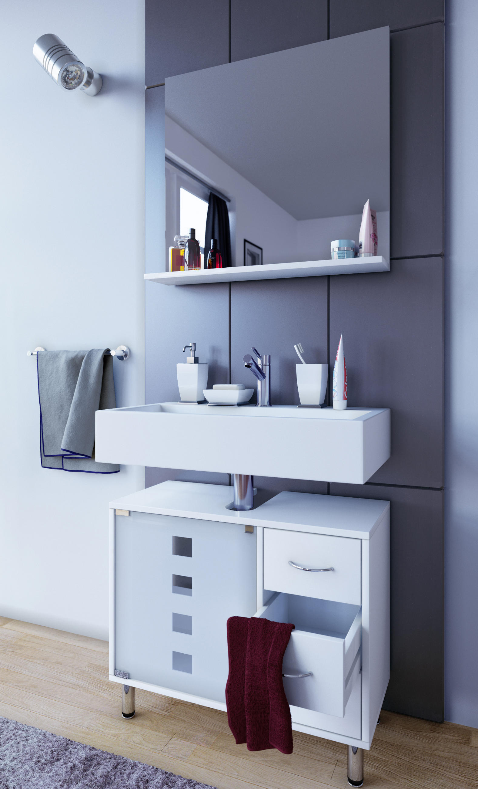 WASCHBECKENUNTERSCHRANK 67/57,5/29,5 cm  - Weiss/Silberfarben, Konventionell, Glas/Holzwerkstoff (67/57,5/29,5cm) - MID.YOU