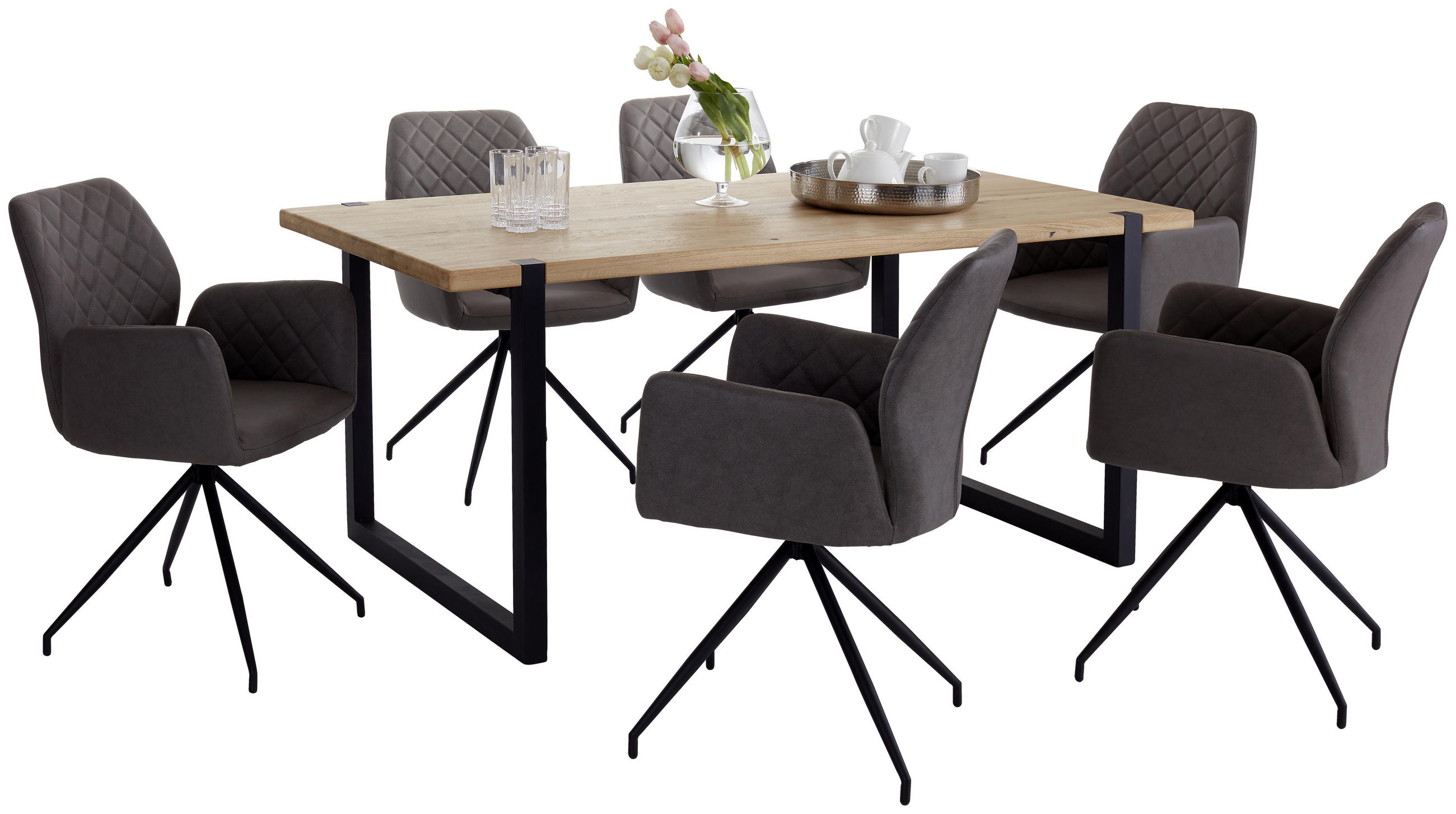 ESSTISCH 180/90/75 cm Eiche massiv Holz, Metall Schwarz, Eichefarben rechteckig  - Eichefarben/Schwarz, KONVENTIONELL, Holz/Metall (180/90/75cm) - MID.YOU
