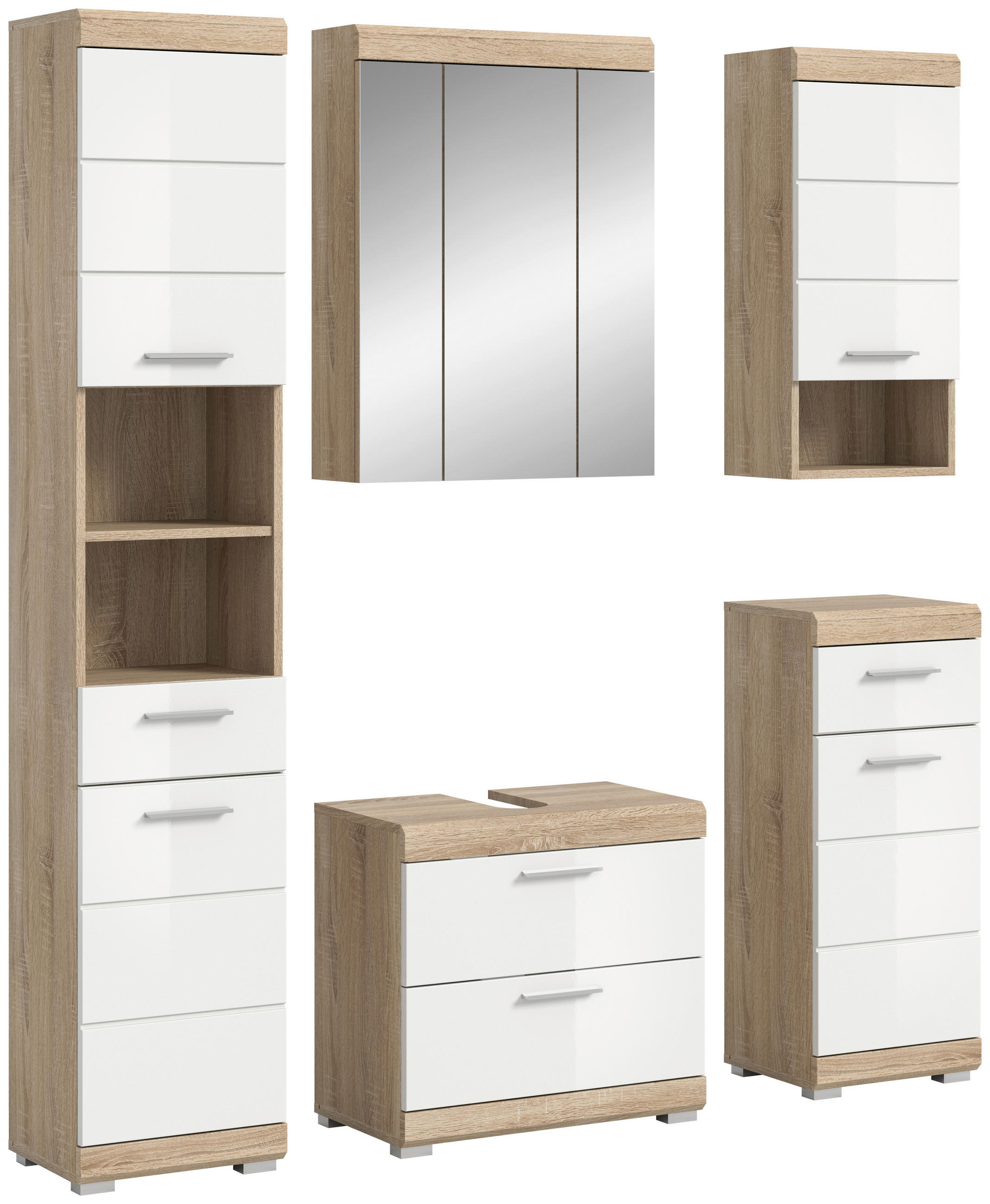 BADEZIMMER 5-teilig  in 134 cm  - Weiß Hochglanz/Silberfarben, MODERN, Glas/Holzwerkstoff (134cm) - MID.YOU