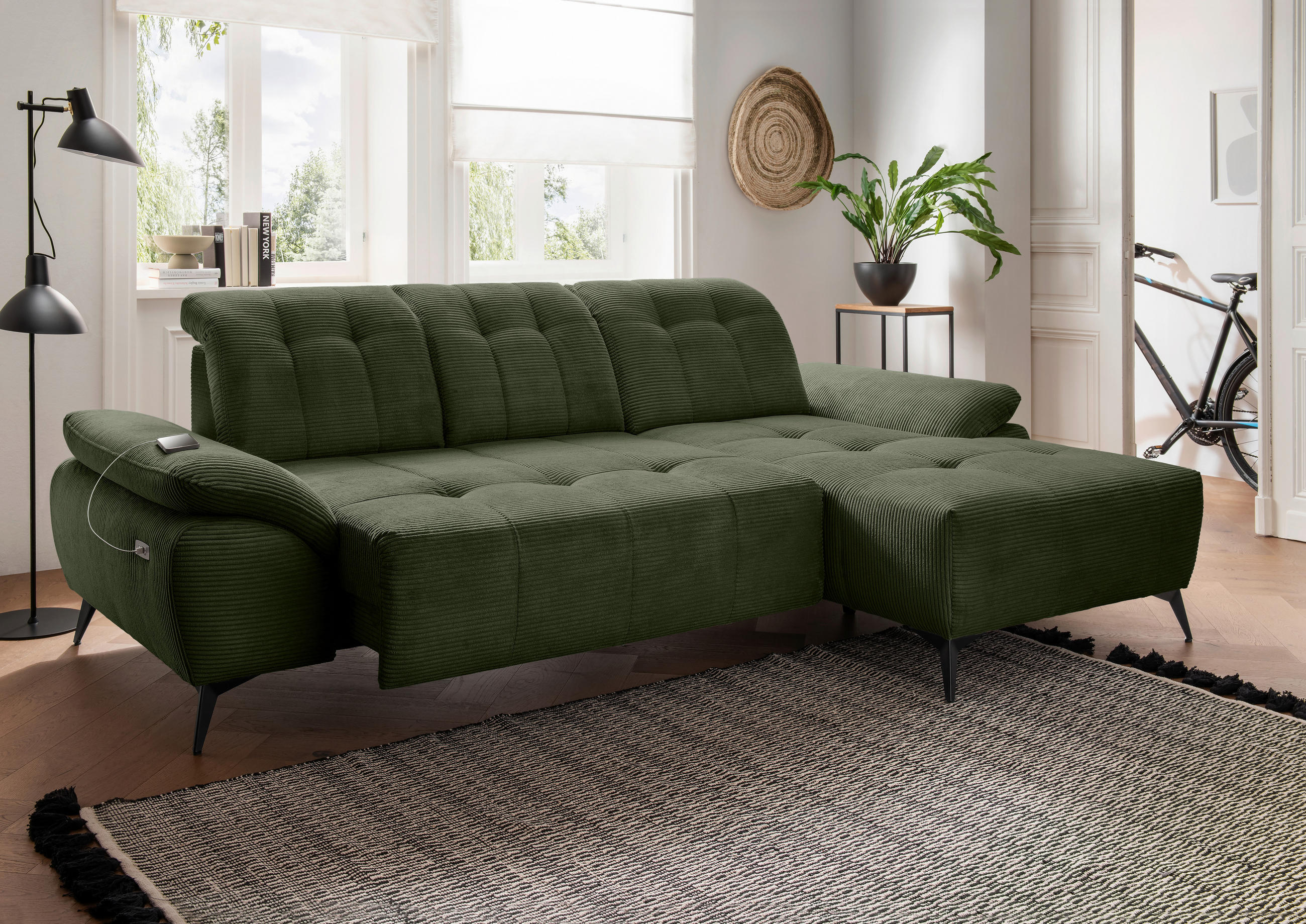 ECKSOFA Cord Dunkelgrün  - Dunkelgrün/Schwarz, Modern, Textil/Metall (280/180cm) - Livetastic