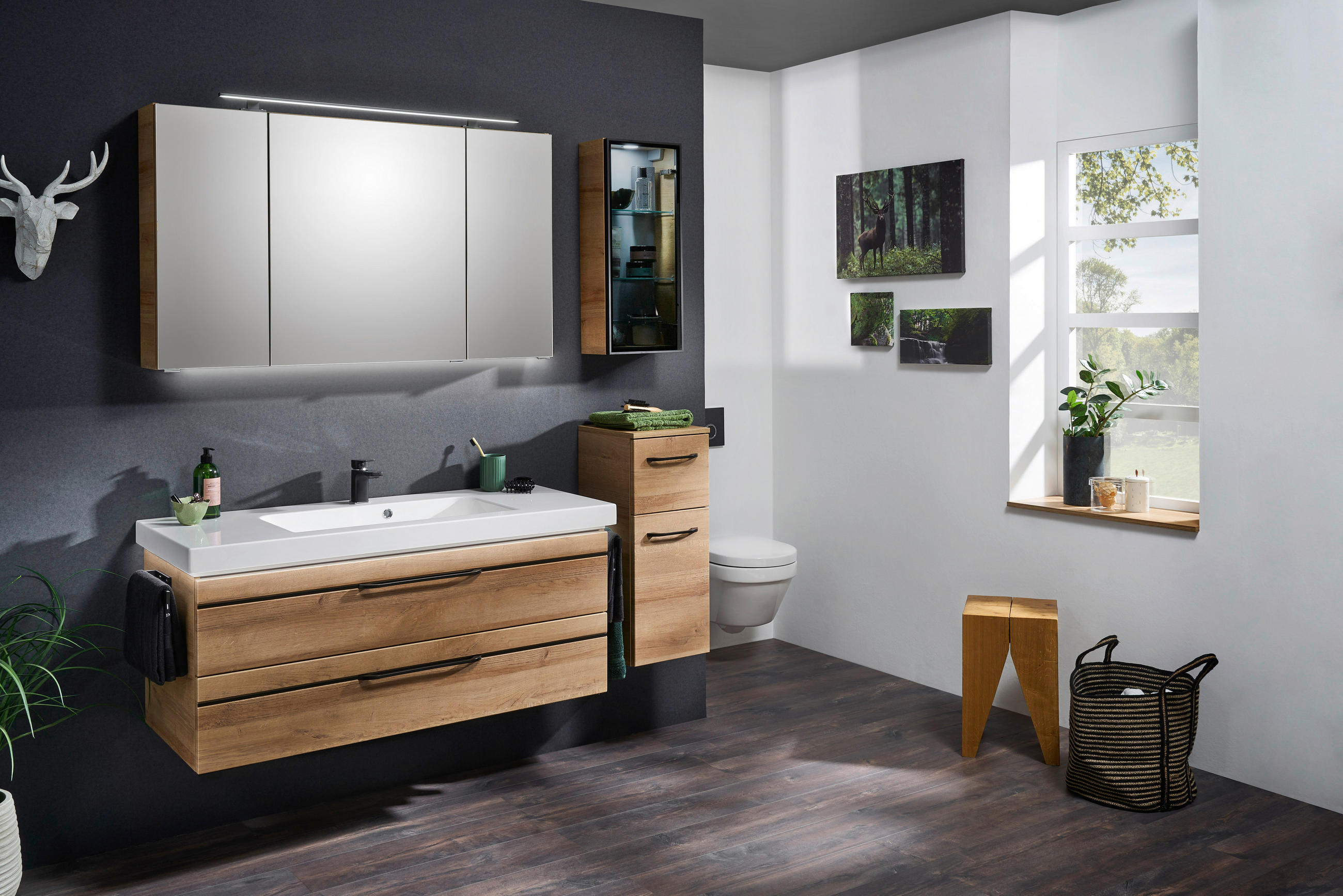 Thumbnail - Sadena Badezimmer Bern, Eiche, Metall, 6 Fächer, 2 Schublade(n),2 Schublade(n) Schubladen, 123 cm, Goldenes M, Made in G...