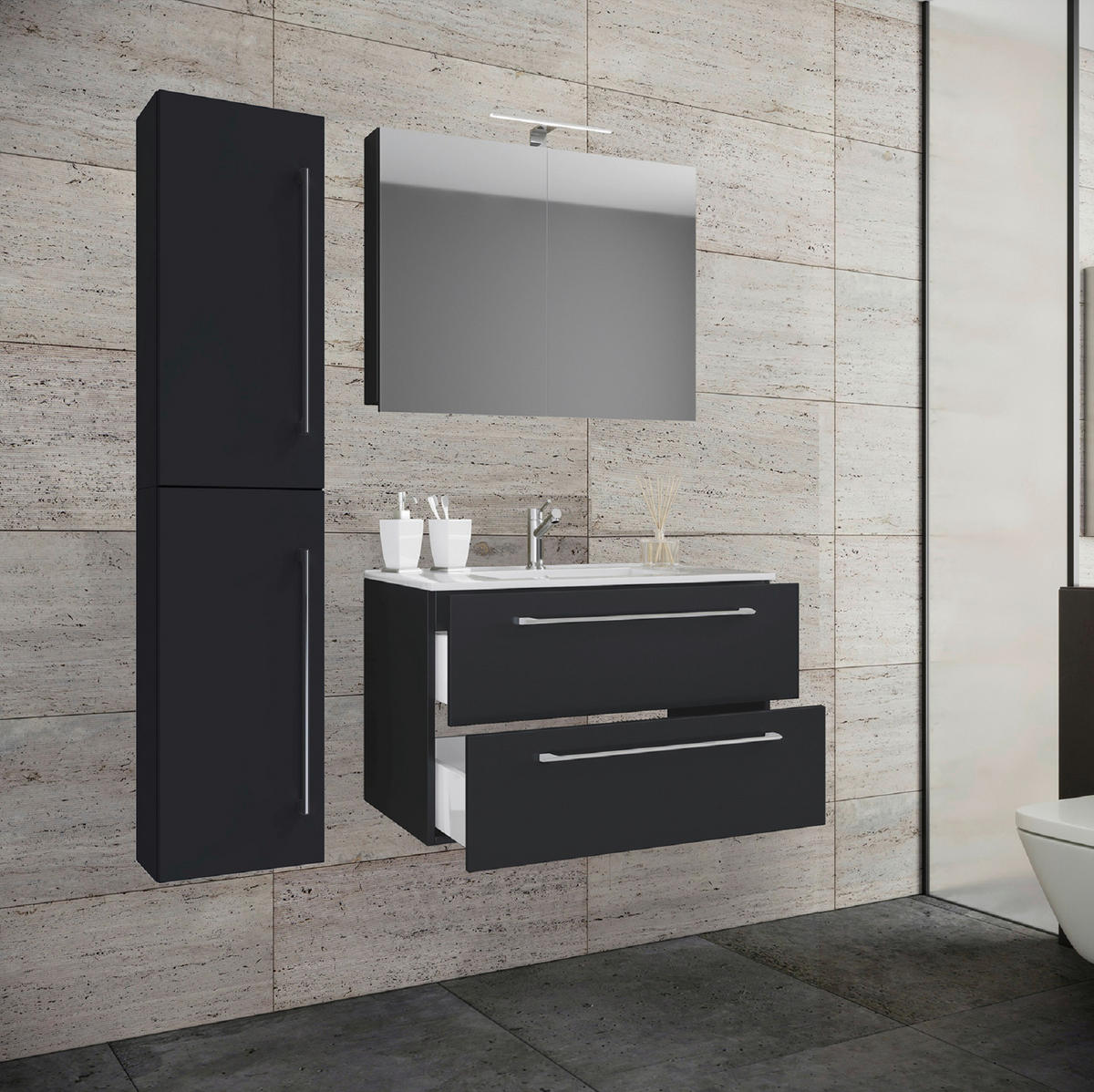 BADEZIMMER 4-teilig  in 93 cm  - Weiss/Alufarben, Modern, Keramik/Holzwerkstoff (93cm) - MID.YOU