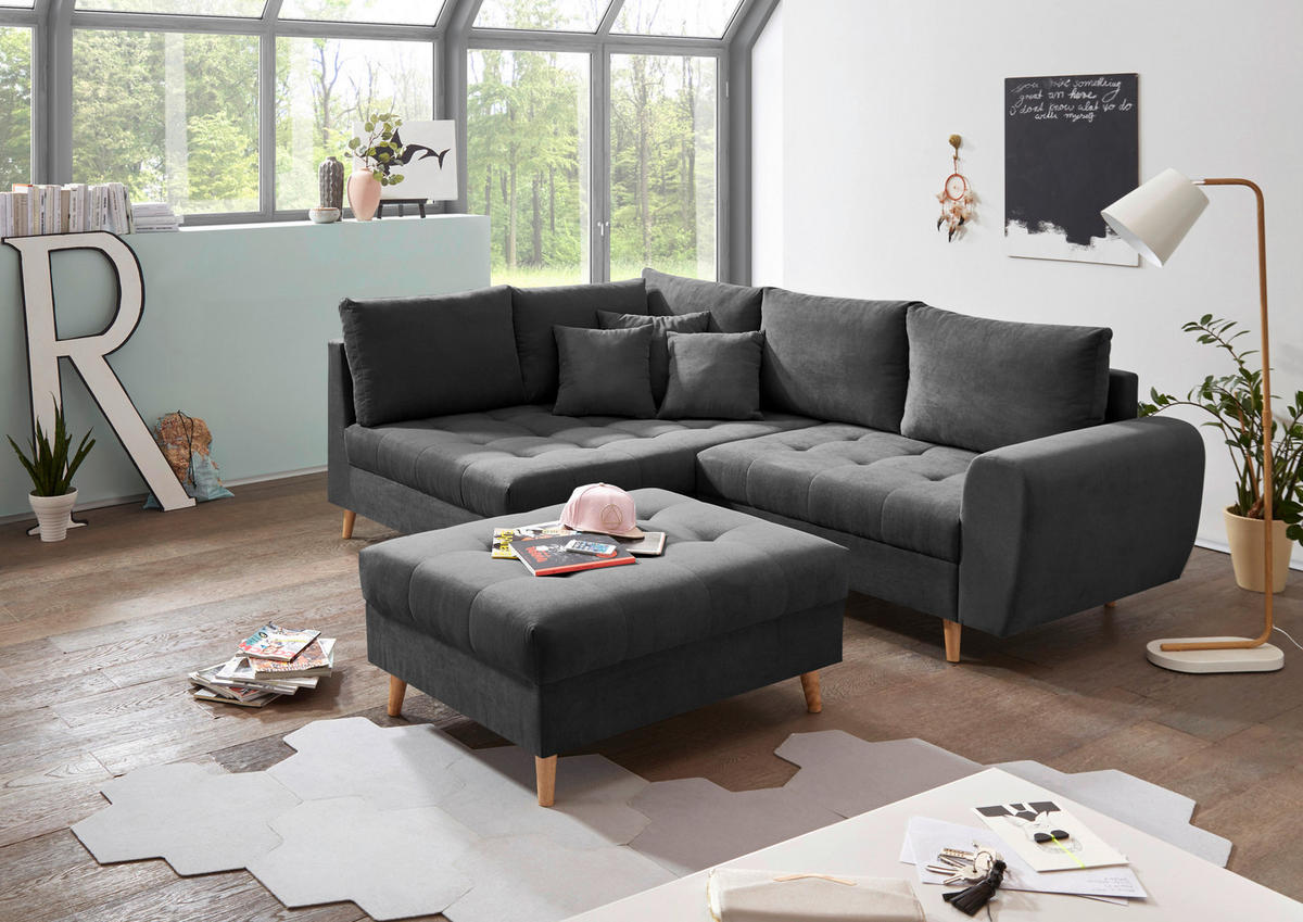 HOCKER Mikrovelours Anthrazit  - Anthrazit/Kieferfarben, KONVENTIONELL, Holz/Textil (106/48/80cm) - MID.YOU