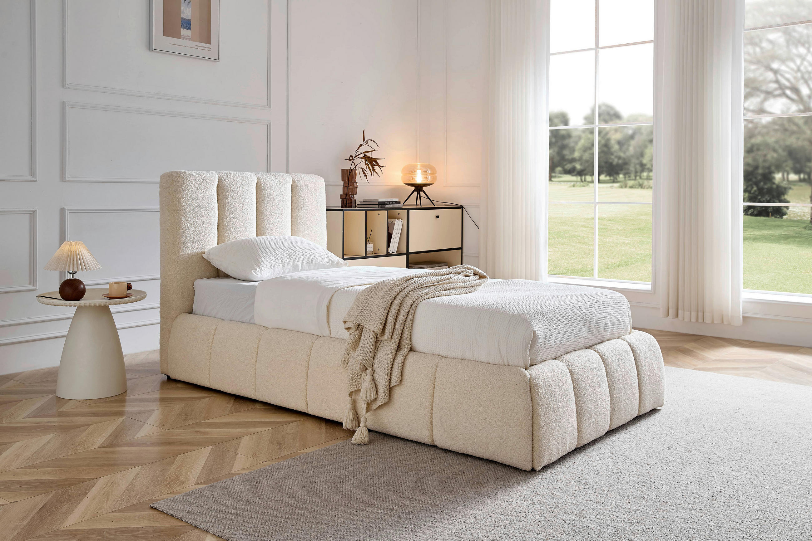 POLSTERBETT gepolstertes Kopfteil, Lattenrost, Bettkasten 90/200 cm  in Beige  - Beige/Schwarz, Design, Holz/Kunststoff (90/200cm) - Boxxx