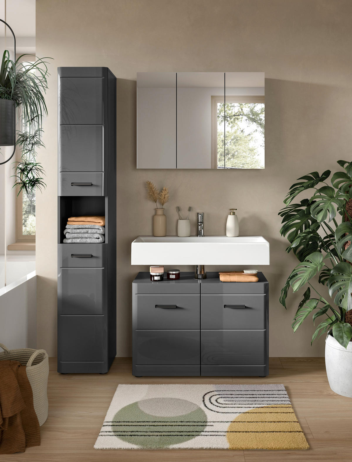 BADEZIMMER 3-teilig  in 110 cm  - Grau Hochglanz/Schwarz, MODERN, Holzwerkstoff/Kunststoff (110cm) - MID.YOU