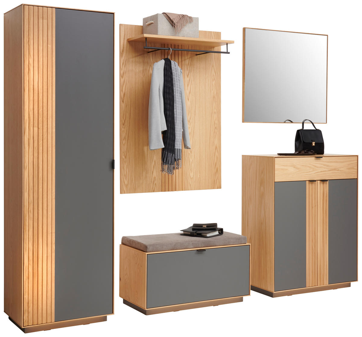 GARDEROBE 6-teilig  in 250/200/42 cm  - Eichefarben/Grau, Natur, Holz/Holzwerkstoff (250/200/42cm) - Linea Natura